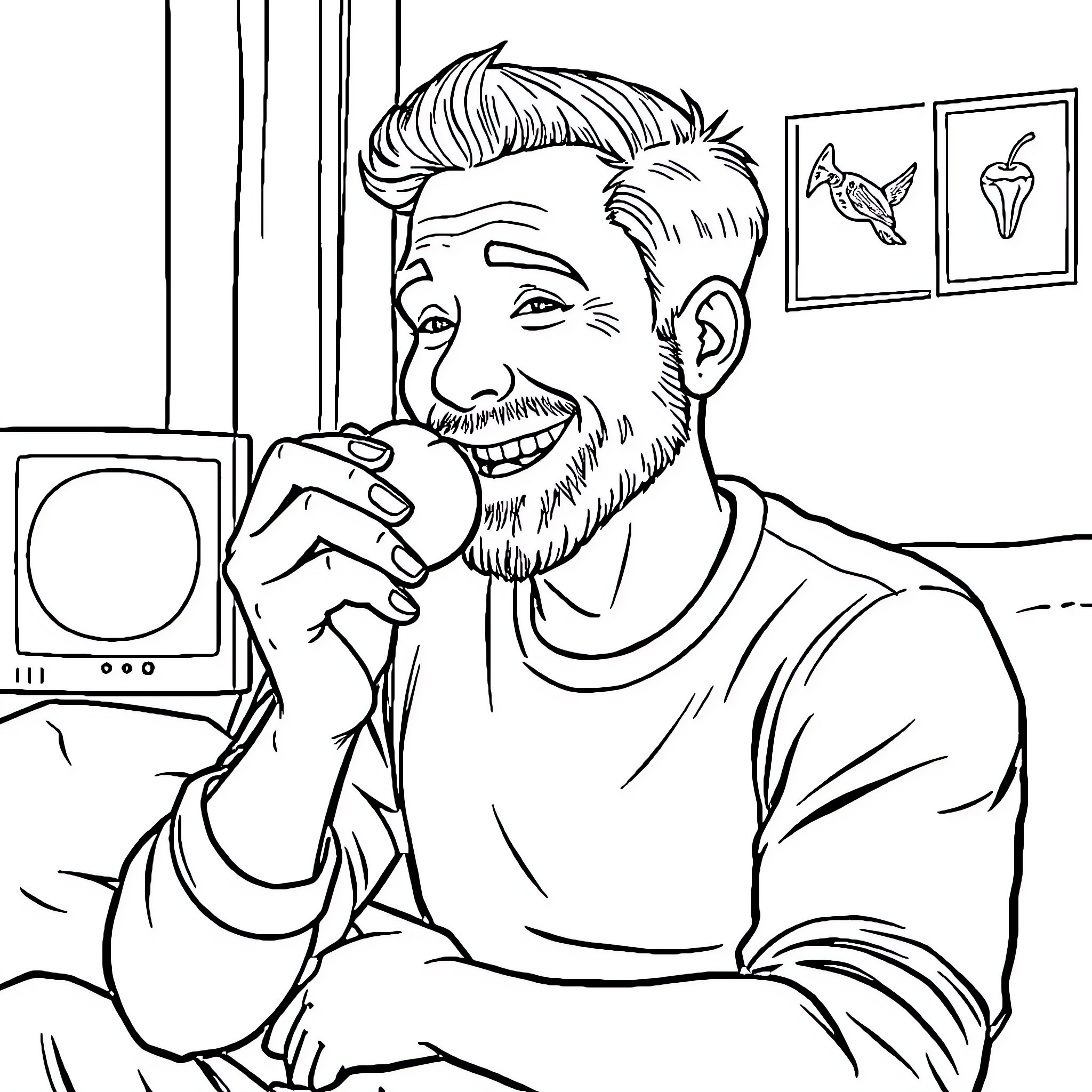 Man watching television while smiling Coloring Page (free black-and-white line drawing printable PDF for all, from beginners to advanced learners, including children, teens, adults, and seniors)