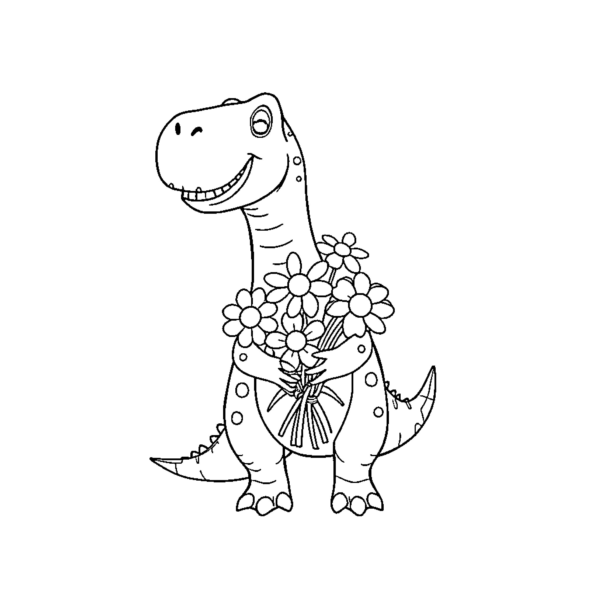 Dinosaur holding a bunch of flowers Coloring Page (free black-and-white line drawing printable PDF for all, from beginners to advanced learners, including children, teens, adults, and seniors)