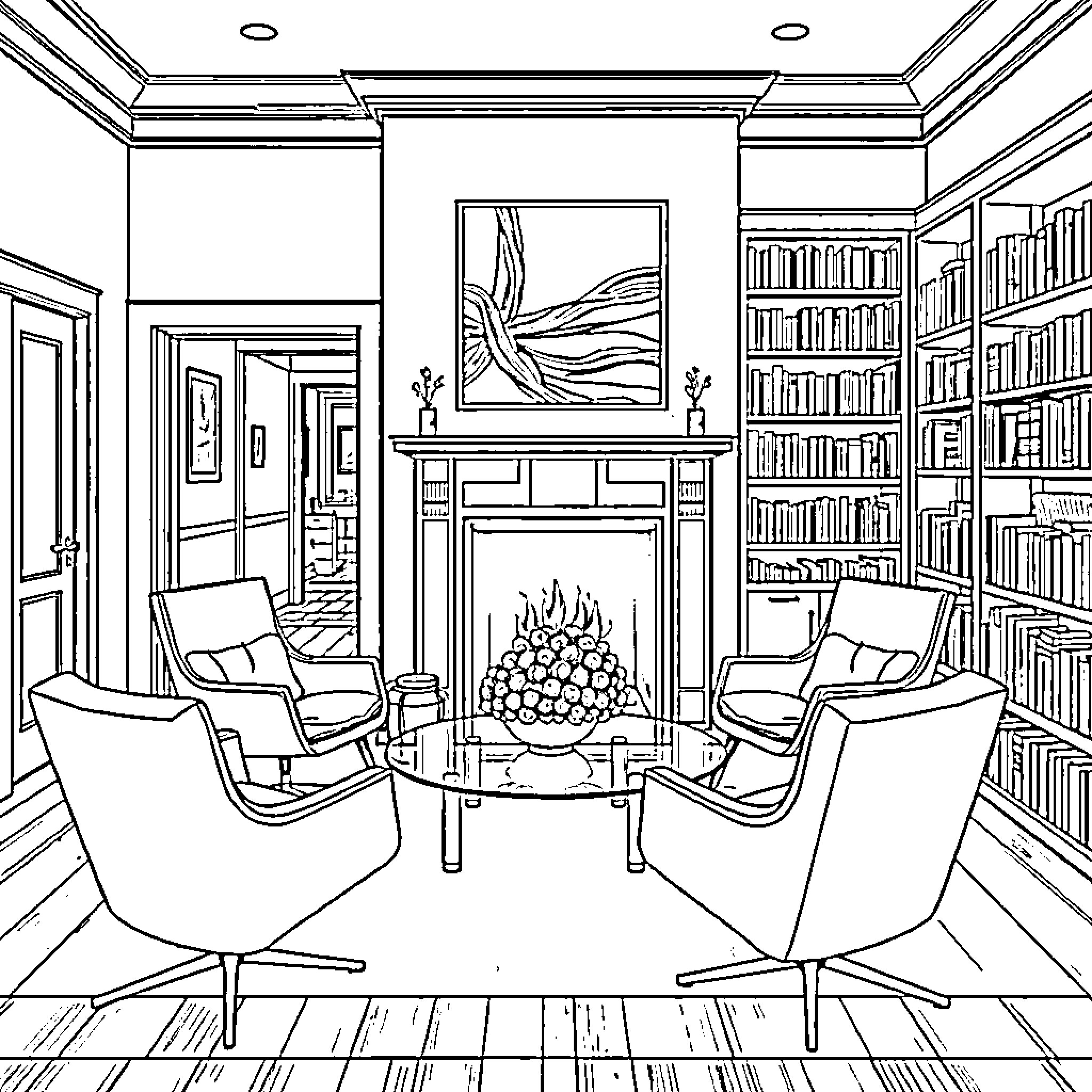 Library with Cozy Reading Nook and Fireplace Coloring Page (free black-and-white line drawing printable PDF for all, from beginners to advanced learners, including children, teens, adults, and seniors)