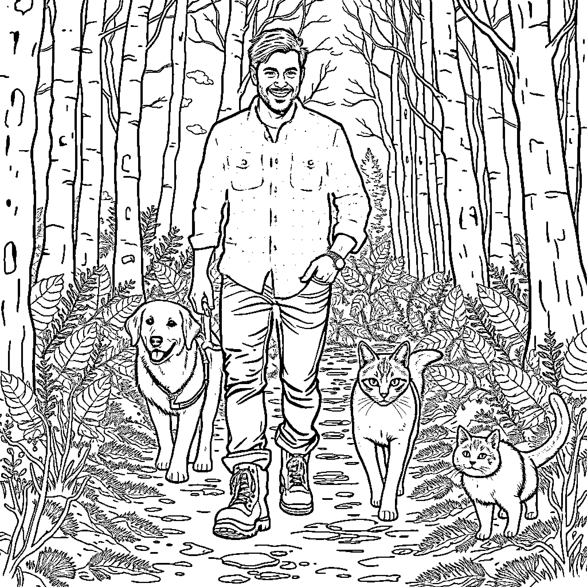 Man walks through forest with pets Coloring Page (free black-and-white line drawing printable PDF for all, from beginners to advanced learners, including children, teens, adults, and seniors)