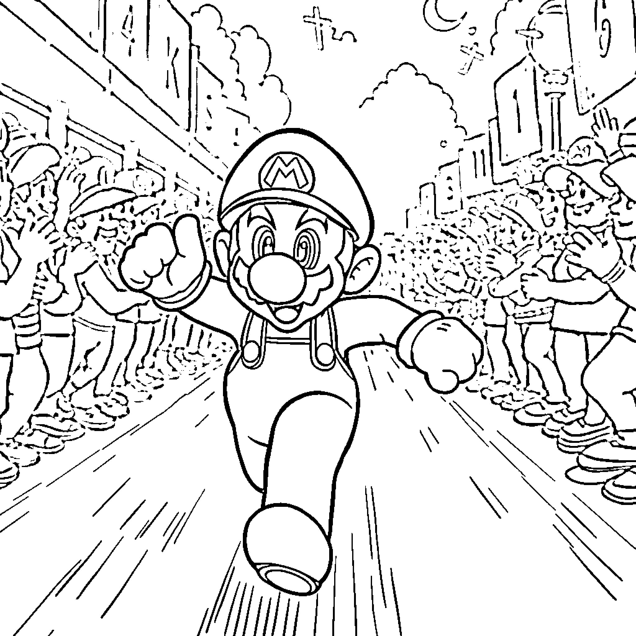 Super Mario Races Through the Bustling City Coloring Page (free black-and-white line drawing printable PDF for all, from beginners to advanced learners, including children, teens, adults, and seniors)