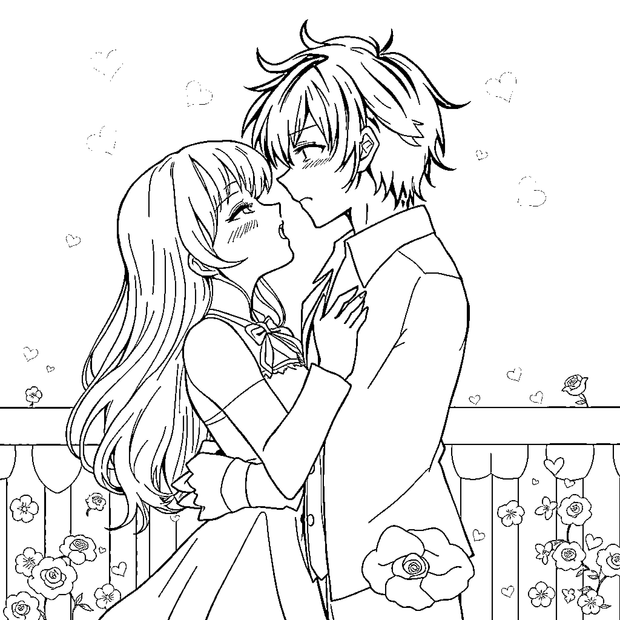 Anime Characters Embracing Affectionately on Flower-Filled Balcony Coloring Page (free black-and-white line drawing printable PDF for all, from beginners to advanced learners, including children, teens, adults, and seniors)
