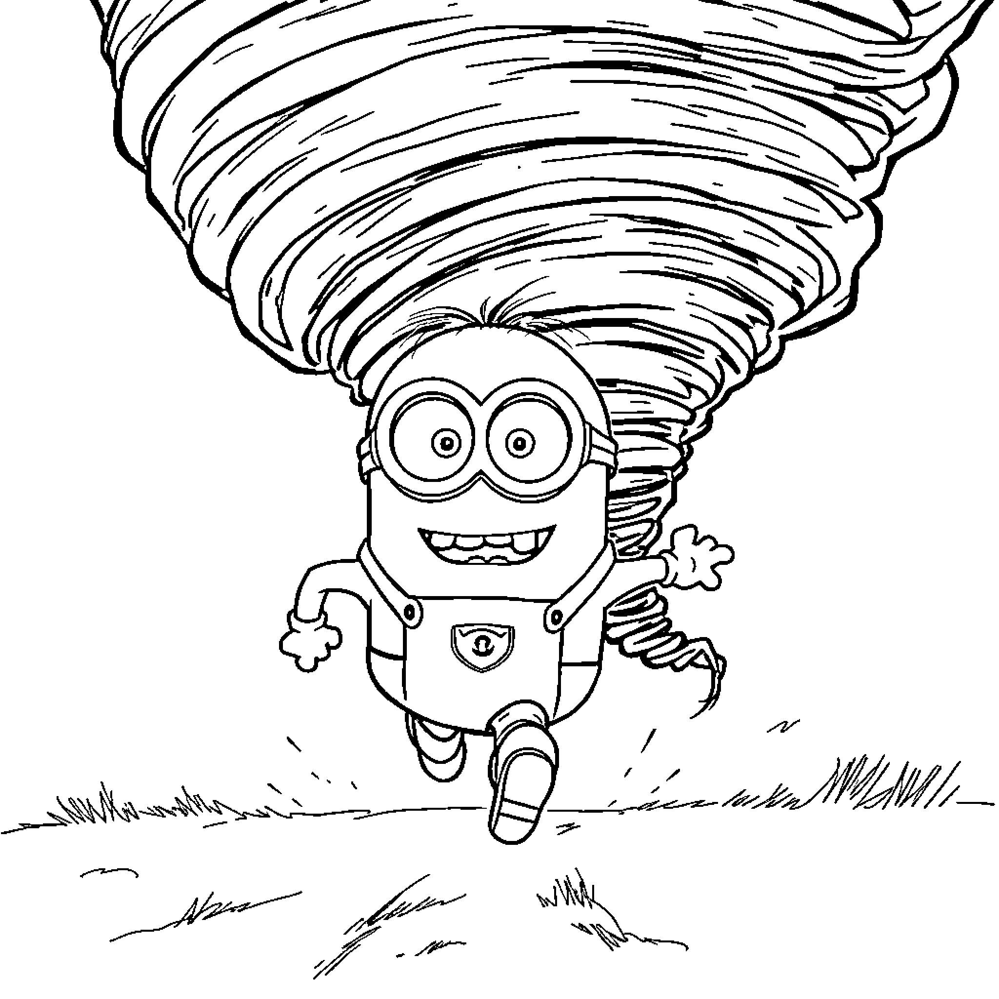 Minion running in a tornado Coloring Page (free black-and-white line drawing printable PDF for all, from beginners to advanced learners, including children, teens, adults, and seniors)