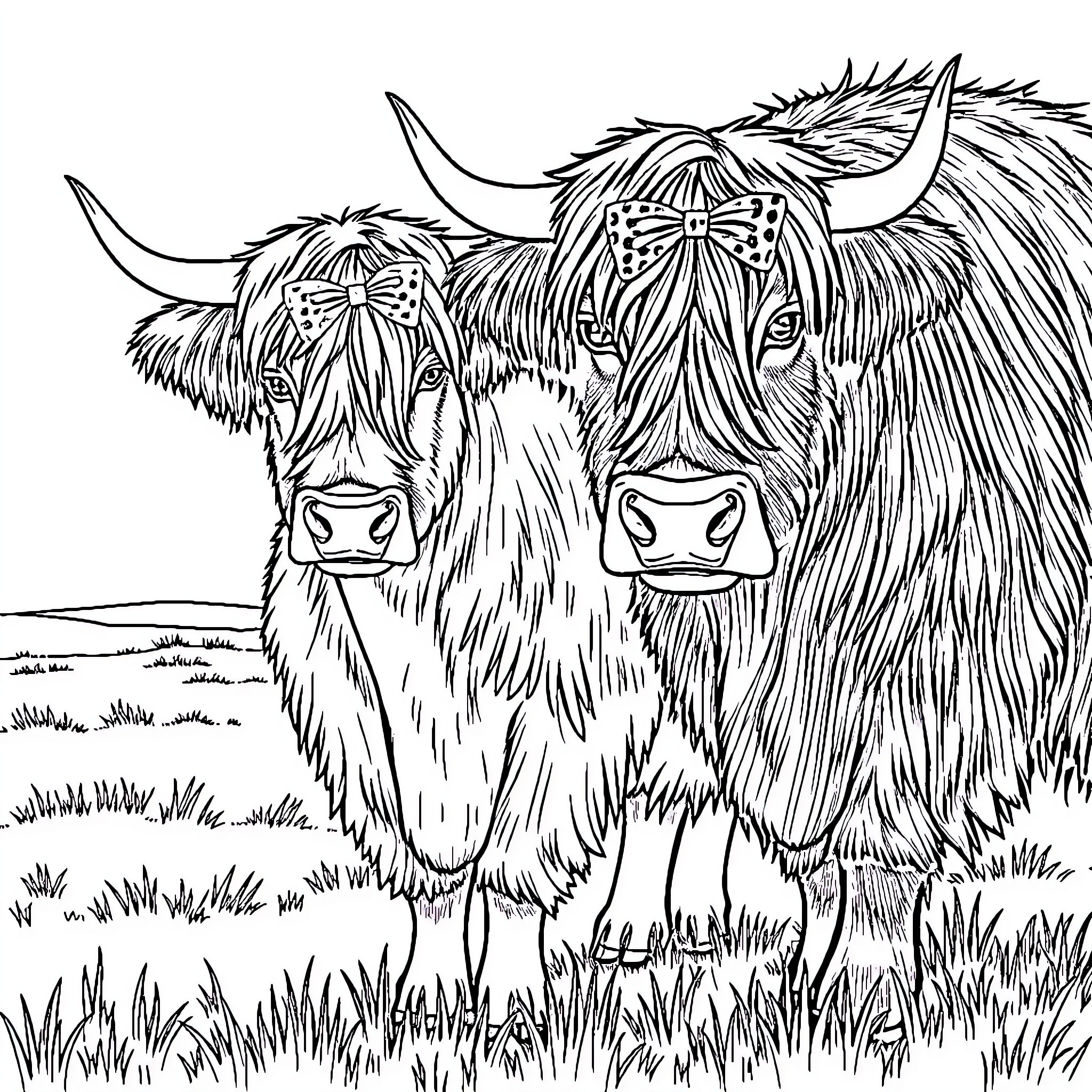 Scottish Highland Cattle grazing peacefully in the meadow Coloring Page (free black-and-white line drawing printable PDF for all, from beginners to advanced learners, including children, teens, adults, and seniors)