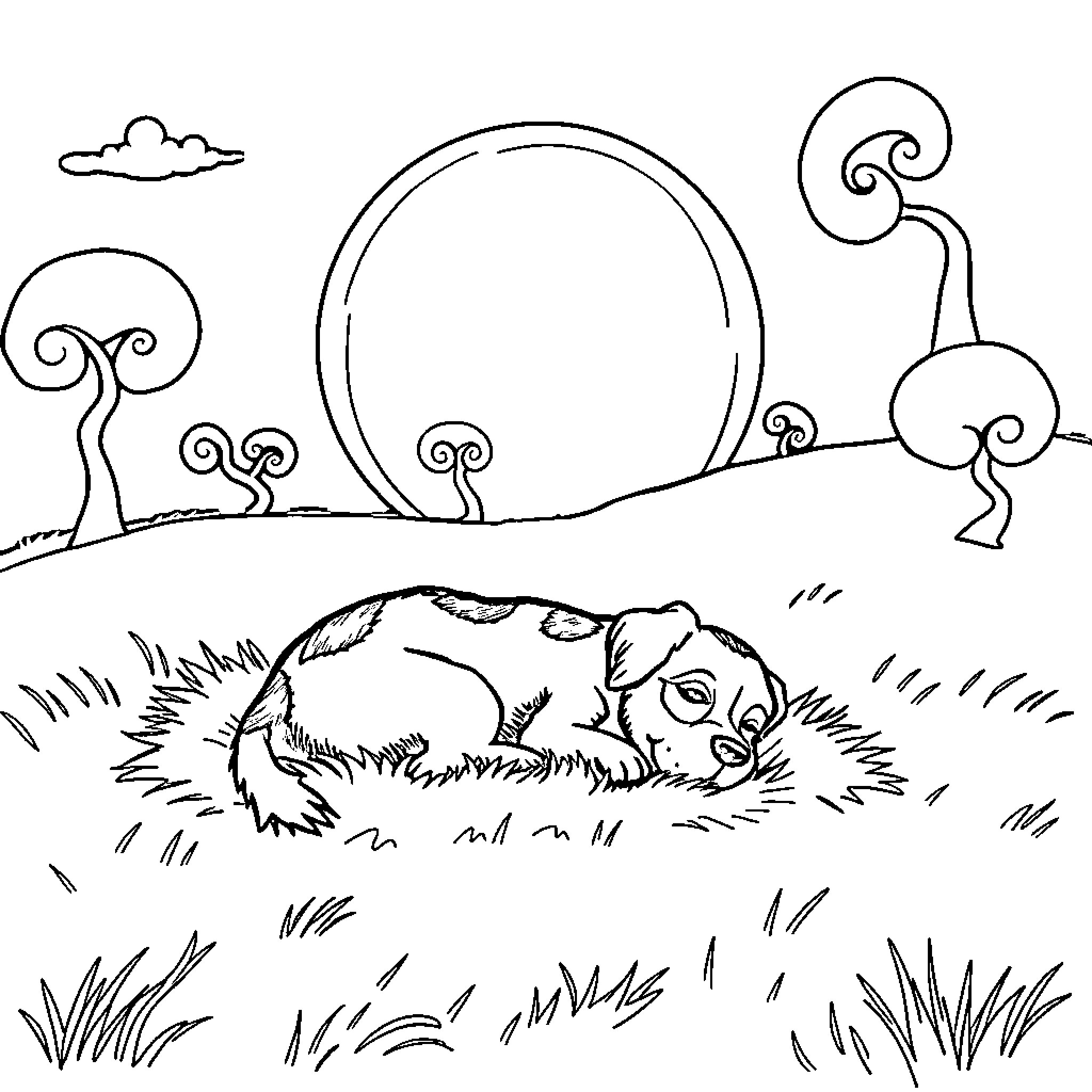 Dog resting peacefully in the grass Coloring Page (free black-and-white line drawing printable PDF for all, from beginners to advanced learners, including children, teens, adults, and seniors)