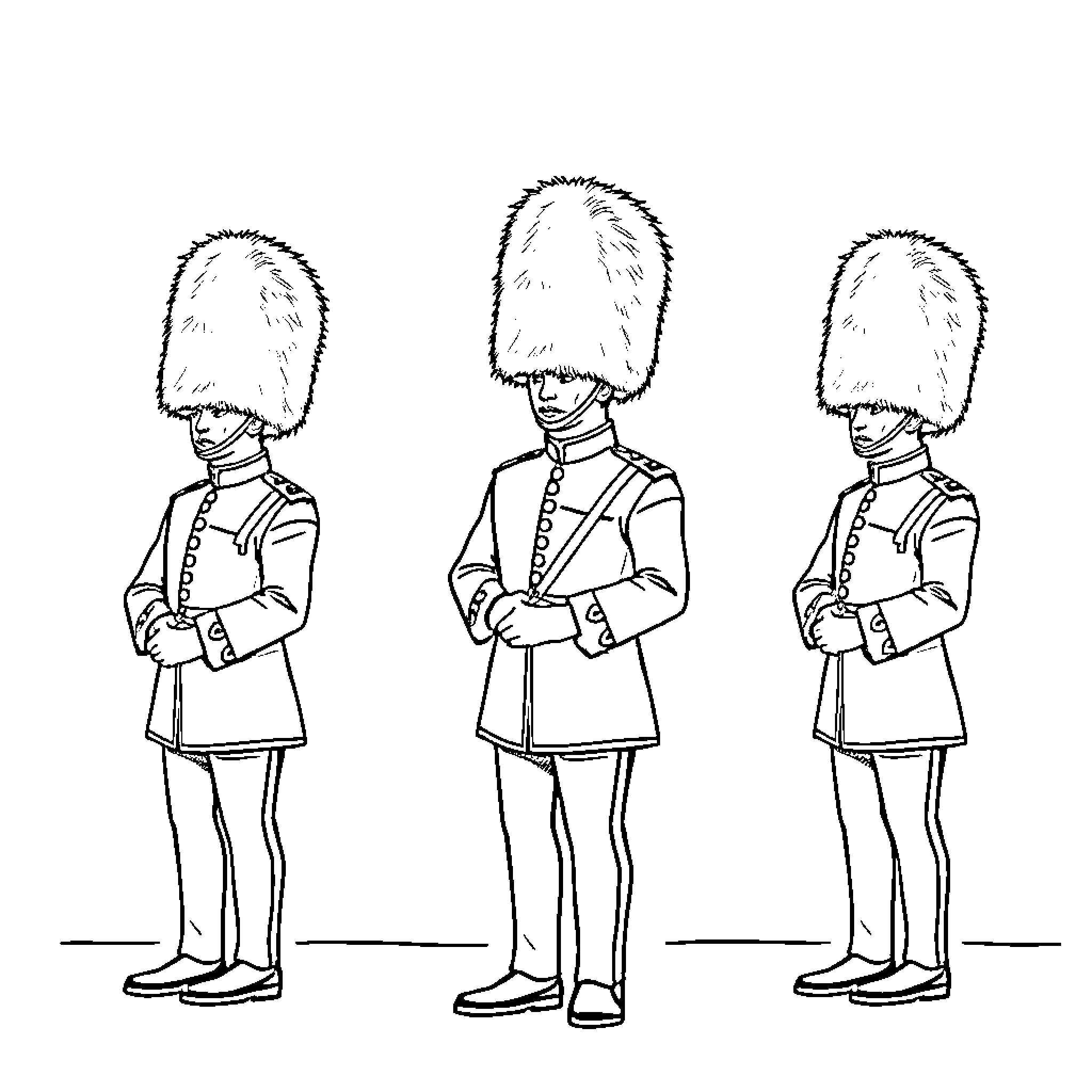 Queen's Guard Performing Ceremonial Duties Coloring Page (free black-and-white line drawing printable PDF for all, from beginners to advanced learners, including children, teens, adults, and seniors)