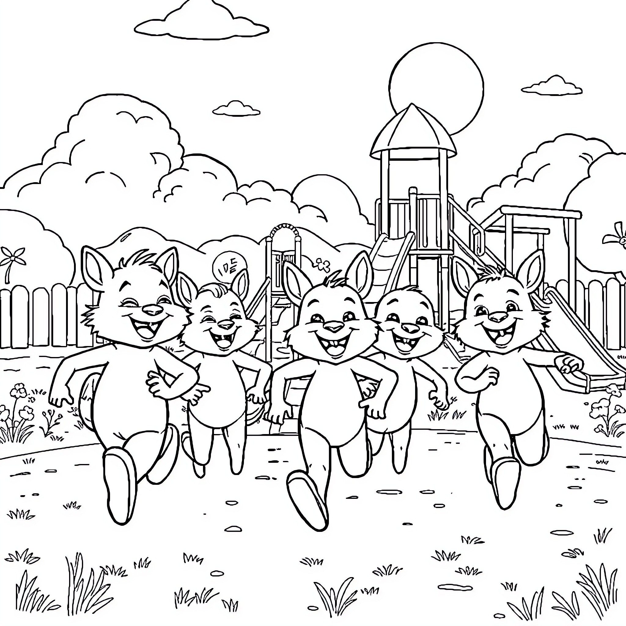 Animal Playful Creatures at the Playground Coloring Page (free black-and-white line drawing printable PDF for all, from beginners to advanced learners, including children, teens, adults, and seniors)