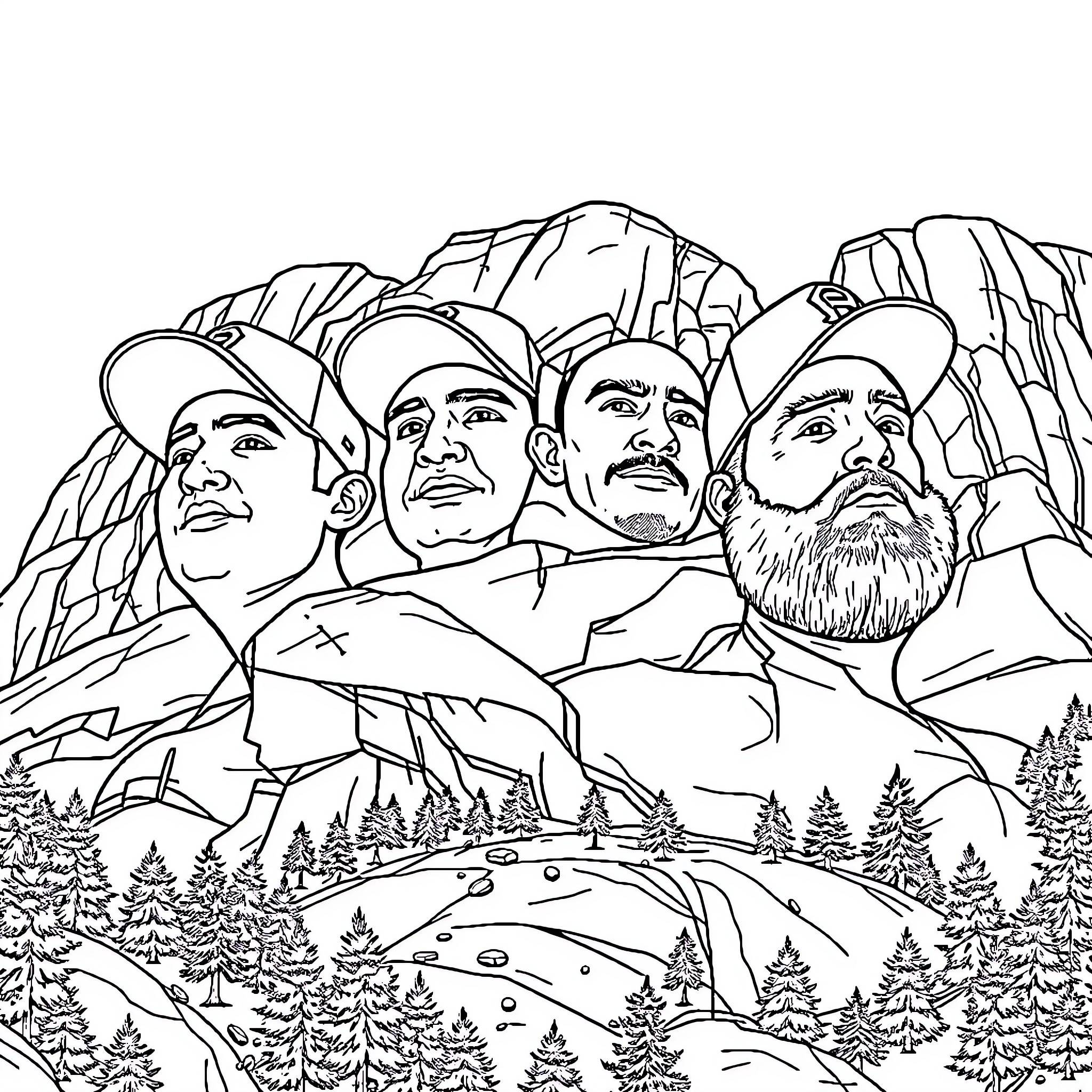 Mount Rushmore National Memorial - Iconic Mountainous Landmark Coloring Page (free black-and-white line drawing printable PDF for all, from beginners to advanced learners, including children, teens, adults, and seniors)