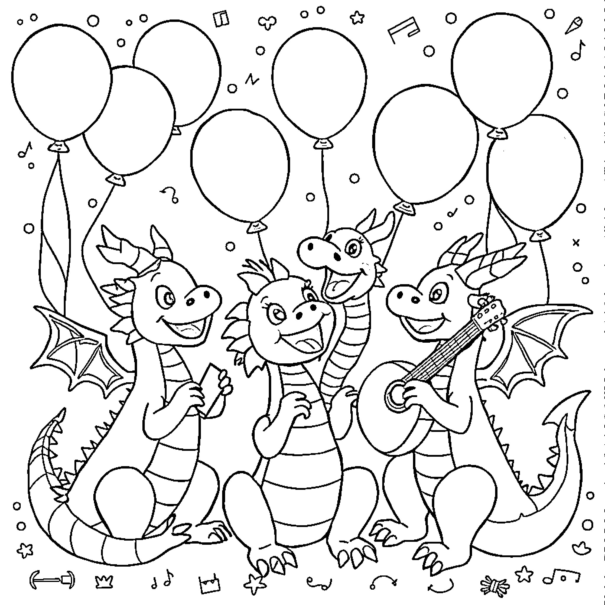 Dragon characters celebrating with balloons Coloring Page (free black-and-white line drawing printable PDF for all, from beginners to advanced learners, including children, teens, adults, and seniors)