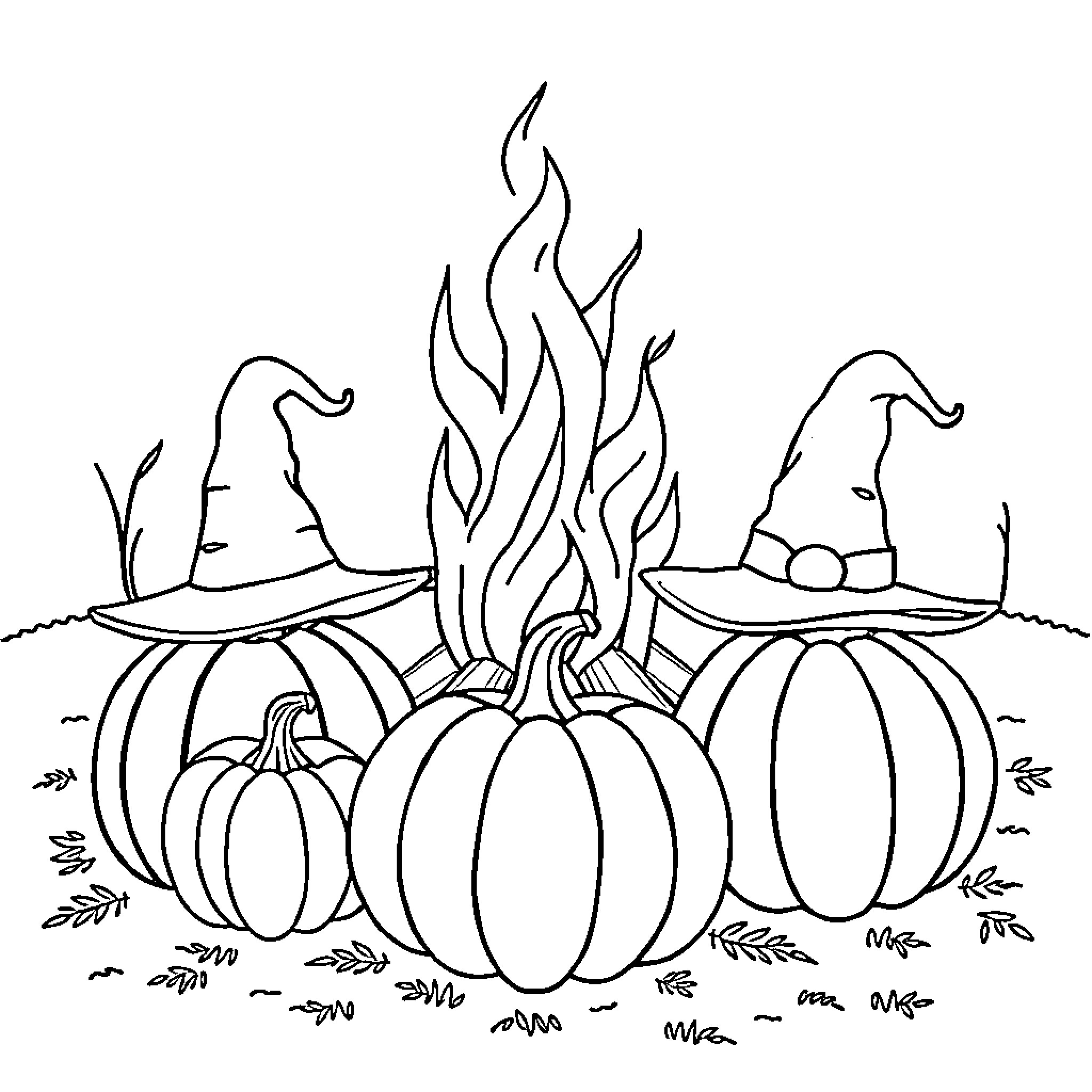 Pumpkins with Witch Hats and Campfire Coloring Page (free black-and-white line drawing printable PDF for all, from beginners to advanced learners, including children, teens, adults, and seniors)