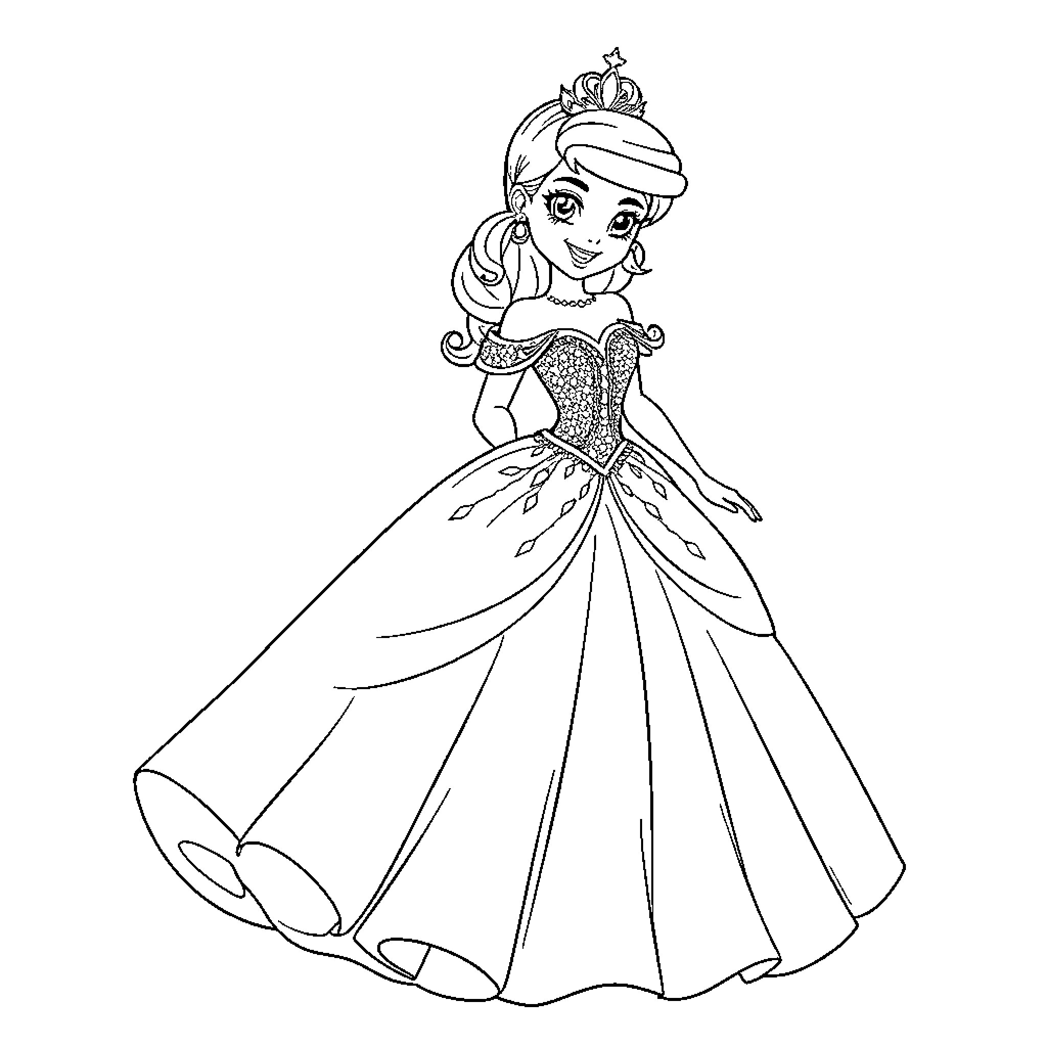 Bonnie the Elegant Princess in Her Sparkling Gown Coloring Page (free black-and-white line drawing printable PDF for all, from beginners to advanced learners, including children, teens, adults, and seniors)