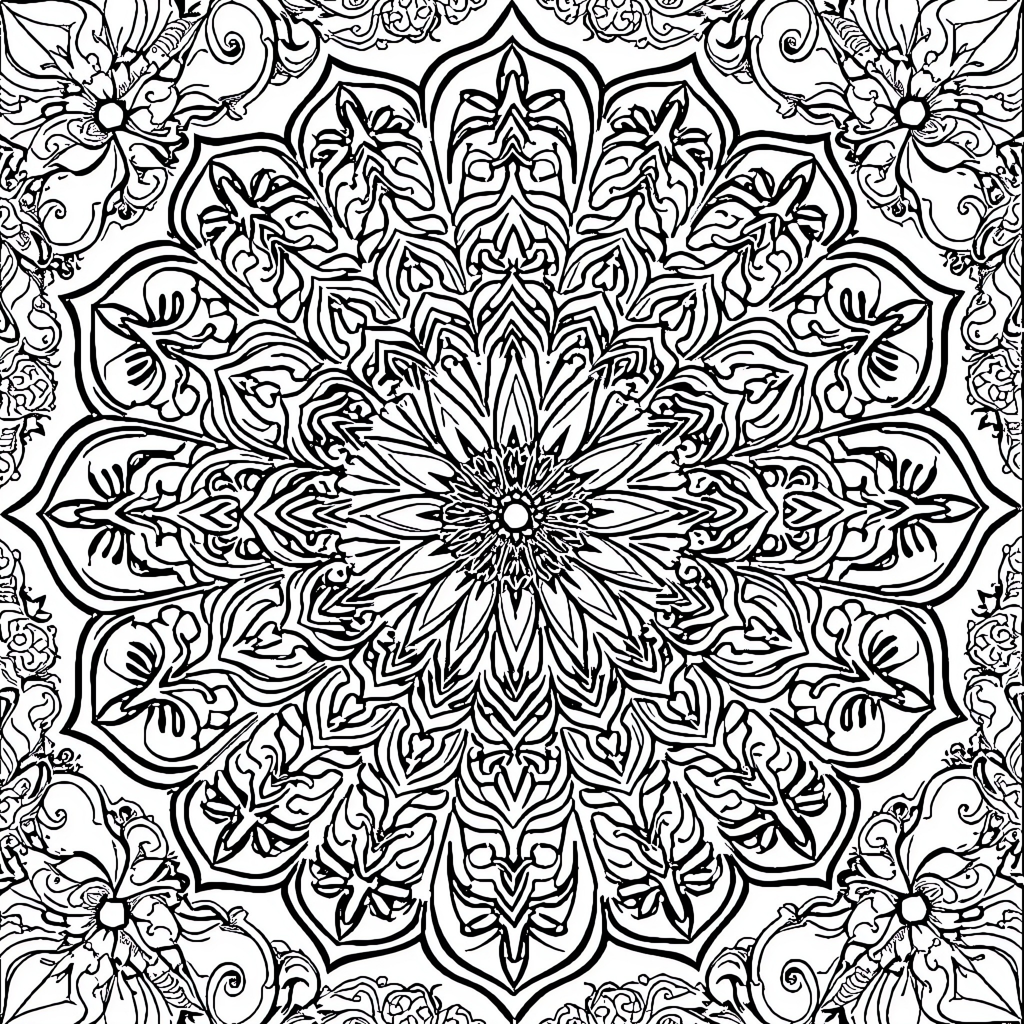 Mandala of intricate floral patterns and designs Coloring Page (free black-and-white line drawing printable PDF for all, from beginners to advanced learners, including children, teens, adults, and seniors)