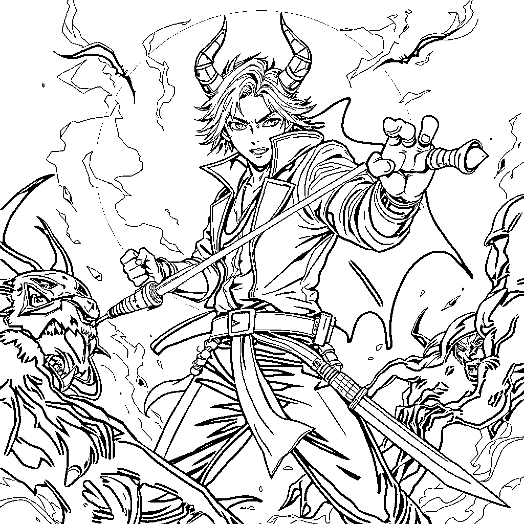 Rumi's Heroic Battle against Fantastical Creatures Coloring Page (free black-and-white line drawing printable PDF for all, from beginners to advanced learners, including children, teens, adults, and seniors)