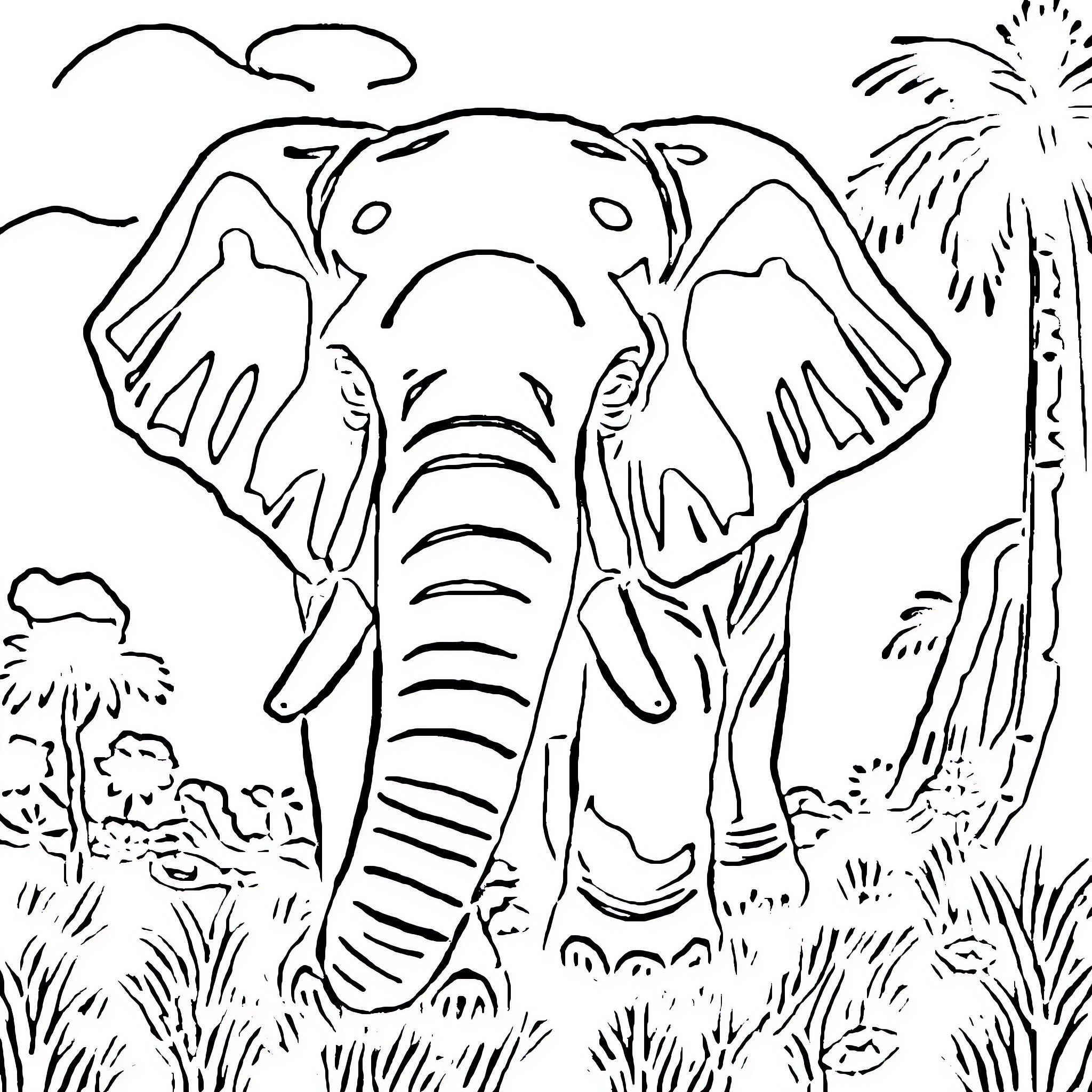Elephant in the wild with palm trees Coloring Page (free black-and-white line drawing printable PDF for all, from beginners to advanced learners, including children, teens, adults, and seniors)