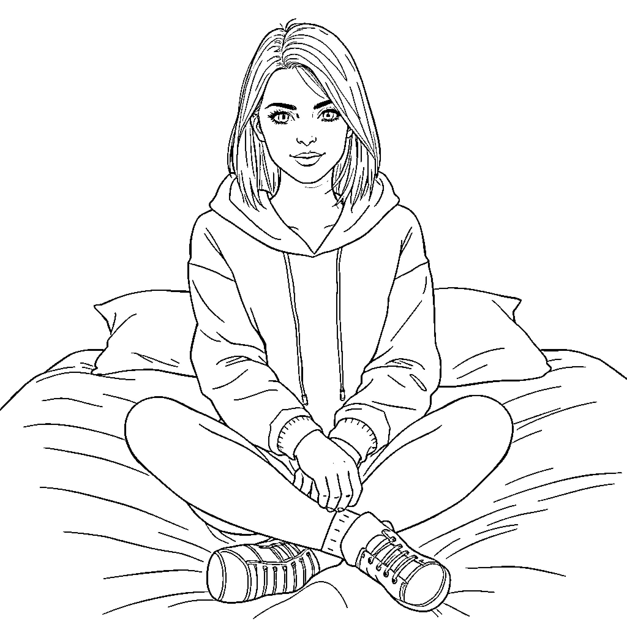 Woman sitting comfortably on the bed Coloring Page (free black-and-white line drawing printable PDF for all, from beginners to advanced learners, including children, teens, adults, and seniors)