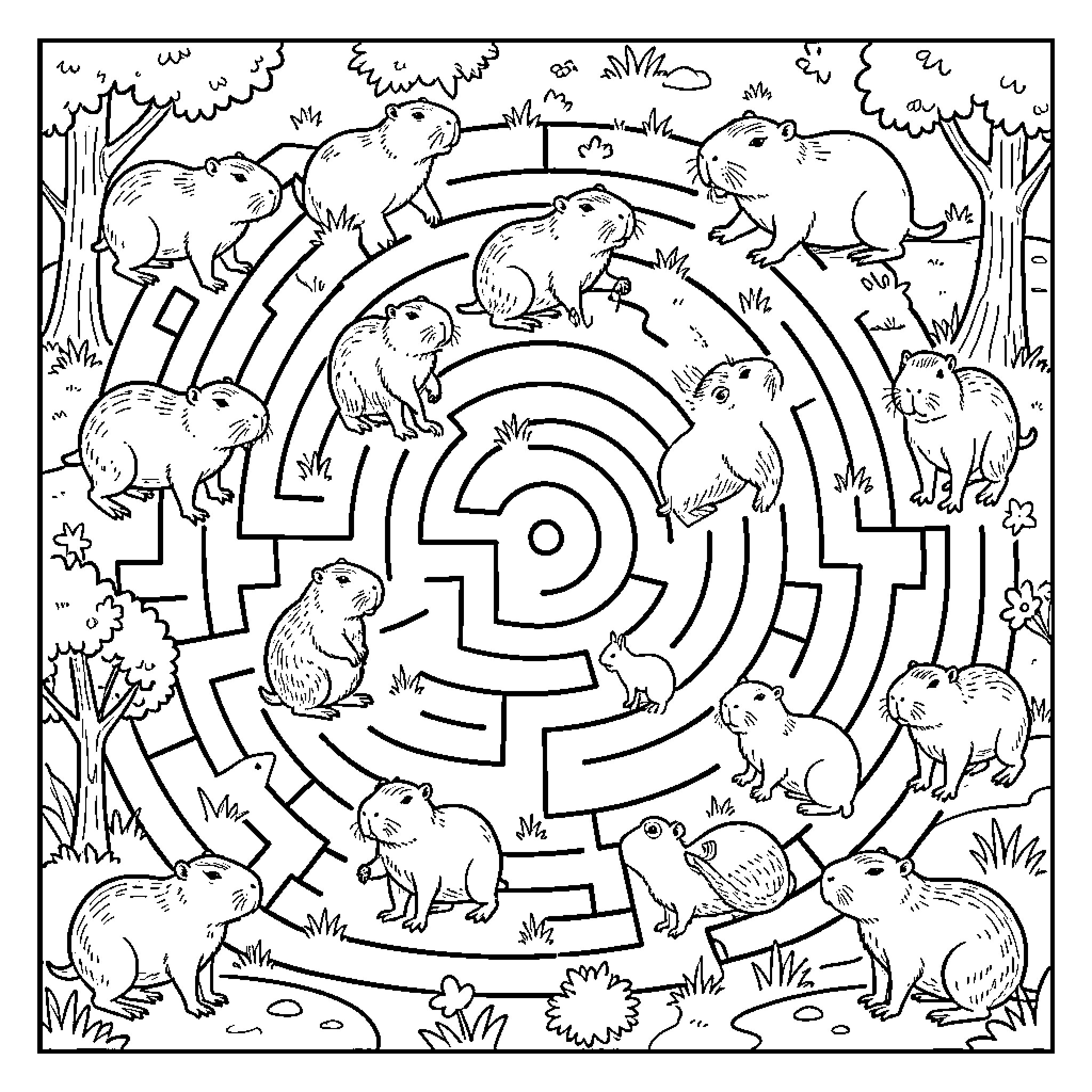 Capybara Maze Adventure Coloring Page (free black-and-white line drawing printable PDF for all, from beginners to advanced learners, including children, teens, adults, and seniors)