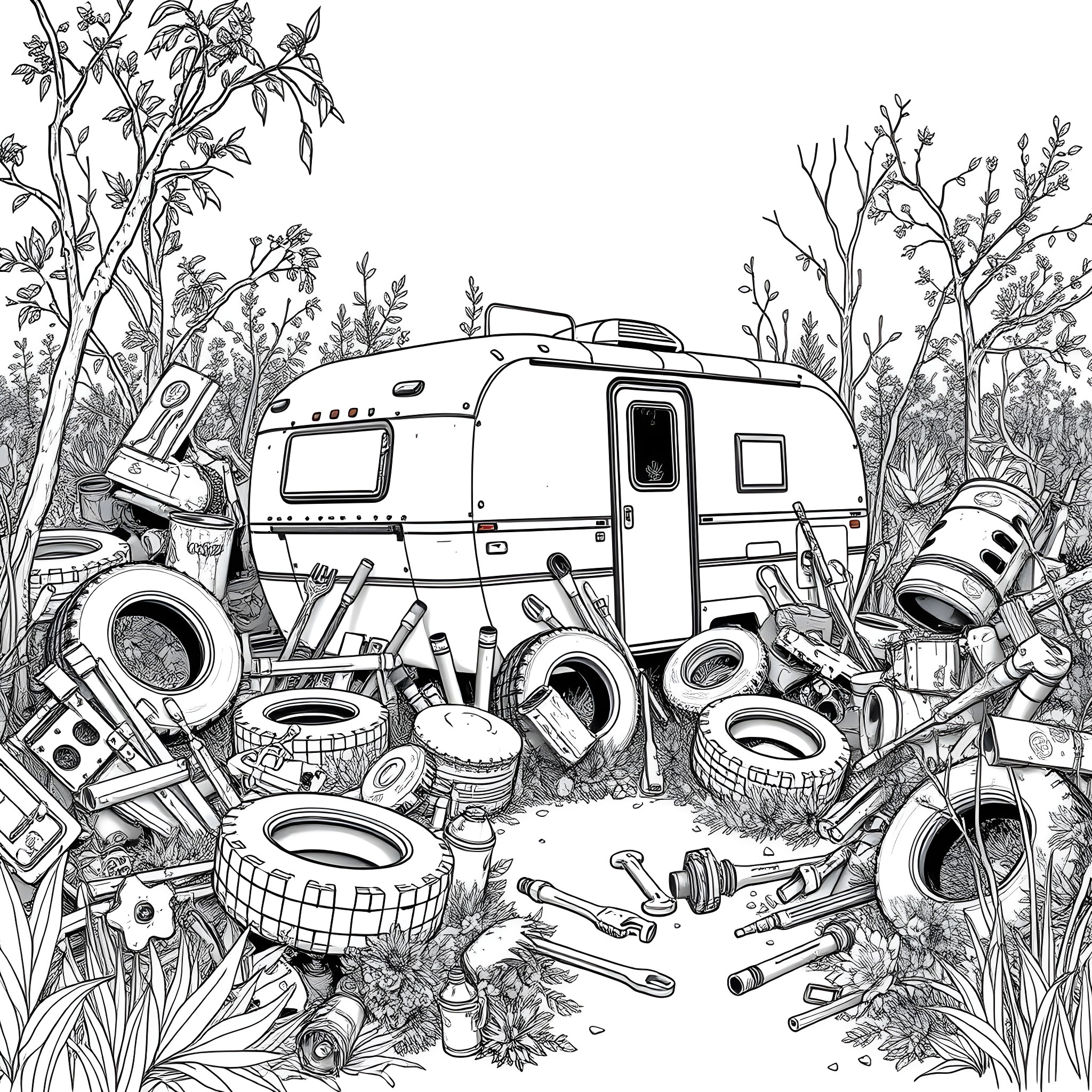 Trailer for outdoor adventure with camping equipment Coloring Page (free black-and-white line drawing printable PDF for all, from beginners to advanced learners, including children, teens, adults, and seniors)