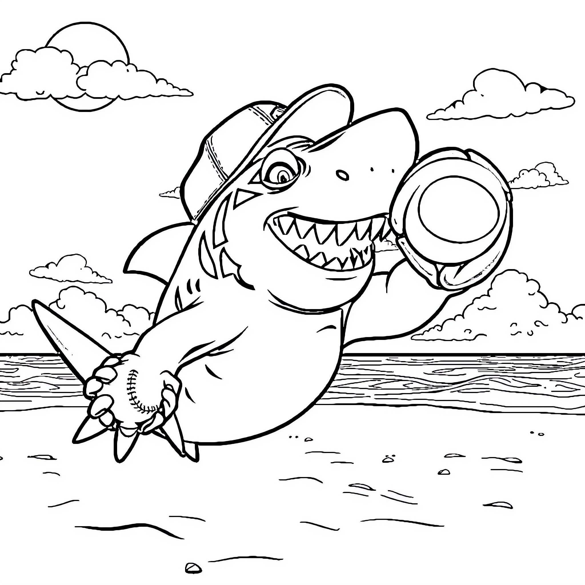 Tiger Shark Biting Anchor on the Beach Coloring Page (free black-and-white line drawing printable PDF for all, from beginners to advanced learners, including children, teens, adults, and seniors)