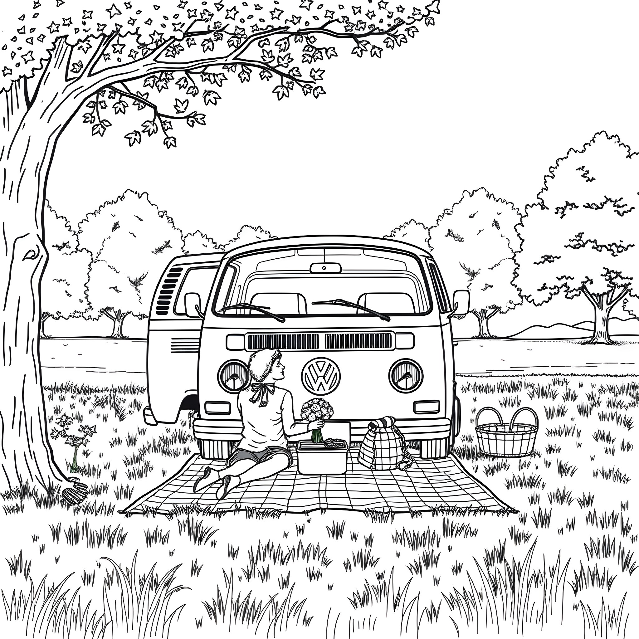 Couple enjoying picnic by vintage campervan in nature Coloring Page (free black-and-white line drawing printable PDF for all, from beginners to advanced learners, including children, teens, adults, and seniors)
