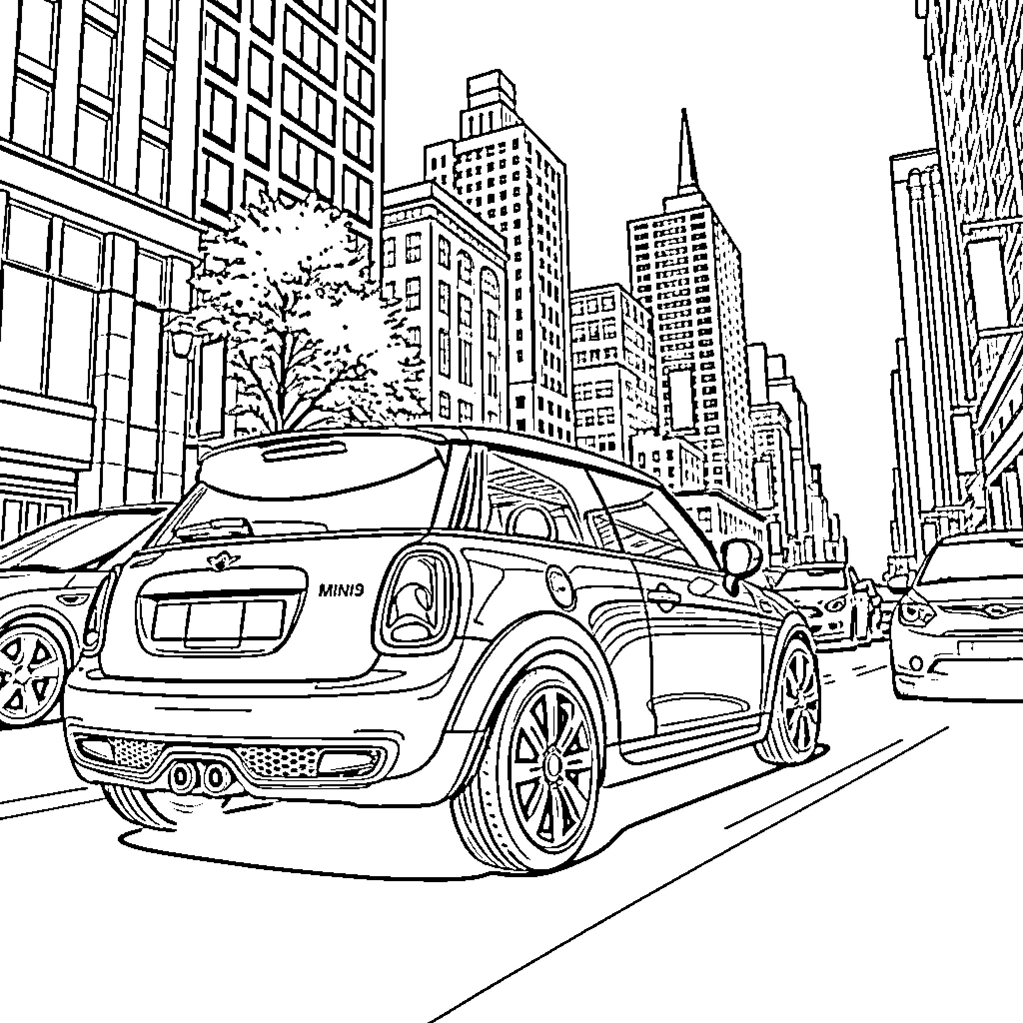 Mini Cooper cruising through the city streets Coloring Page (free black-and-white line drawing printable PDF for all, from beginners to advanced learners, including children, teens, adults, and seniors)