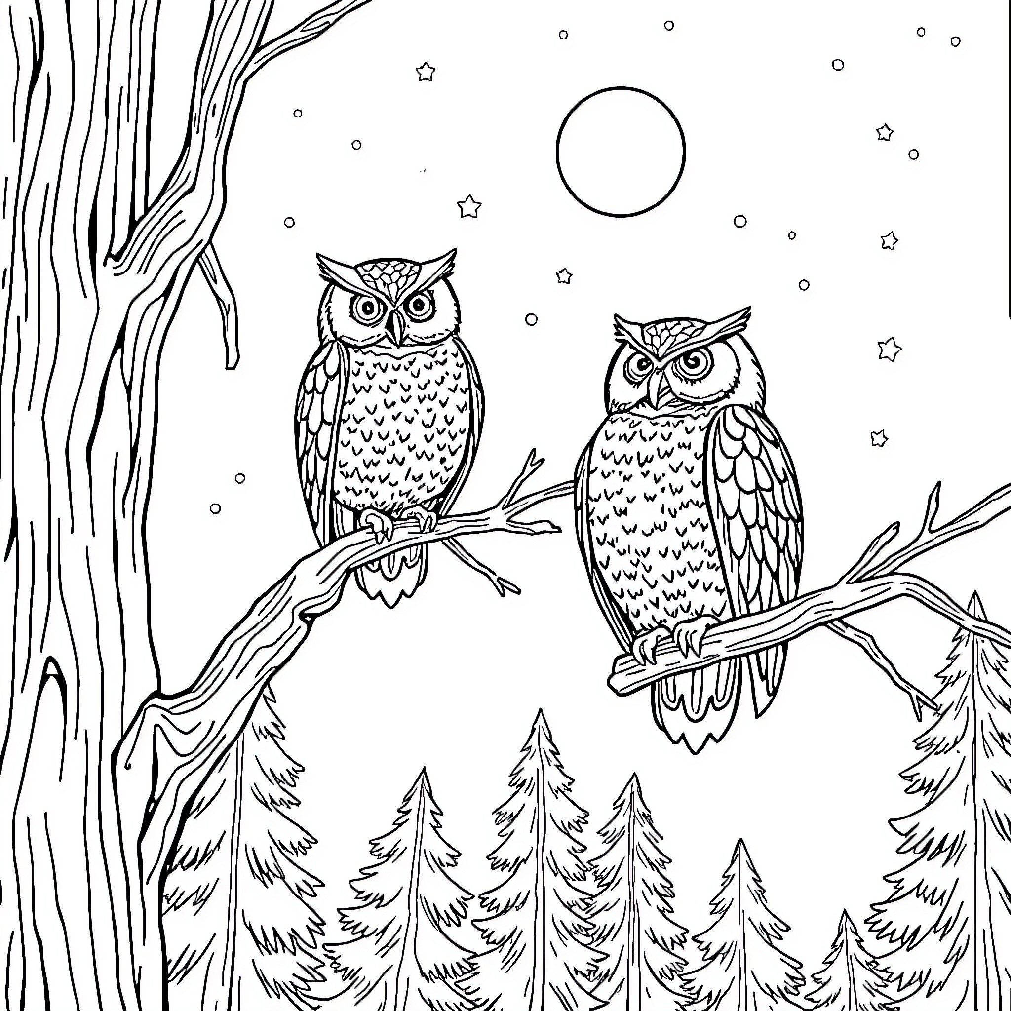 Owl Pair Perched on Branch in Starry Night Coloring Page (free black-and-white line drawing printable PDF for all, from beginners to advanced learners, including children, teens, adults, and seniors)
