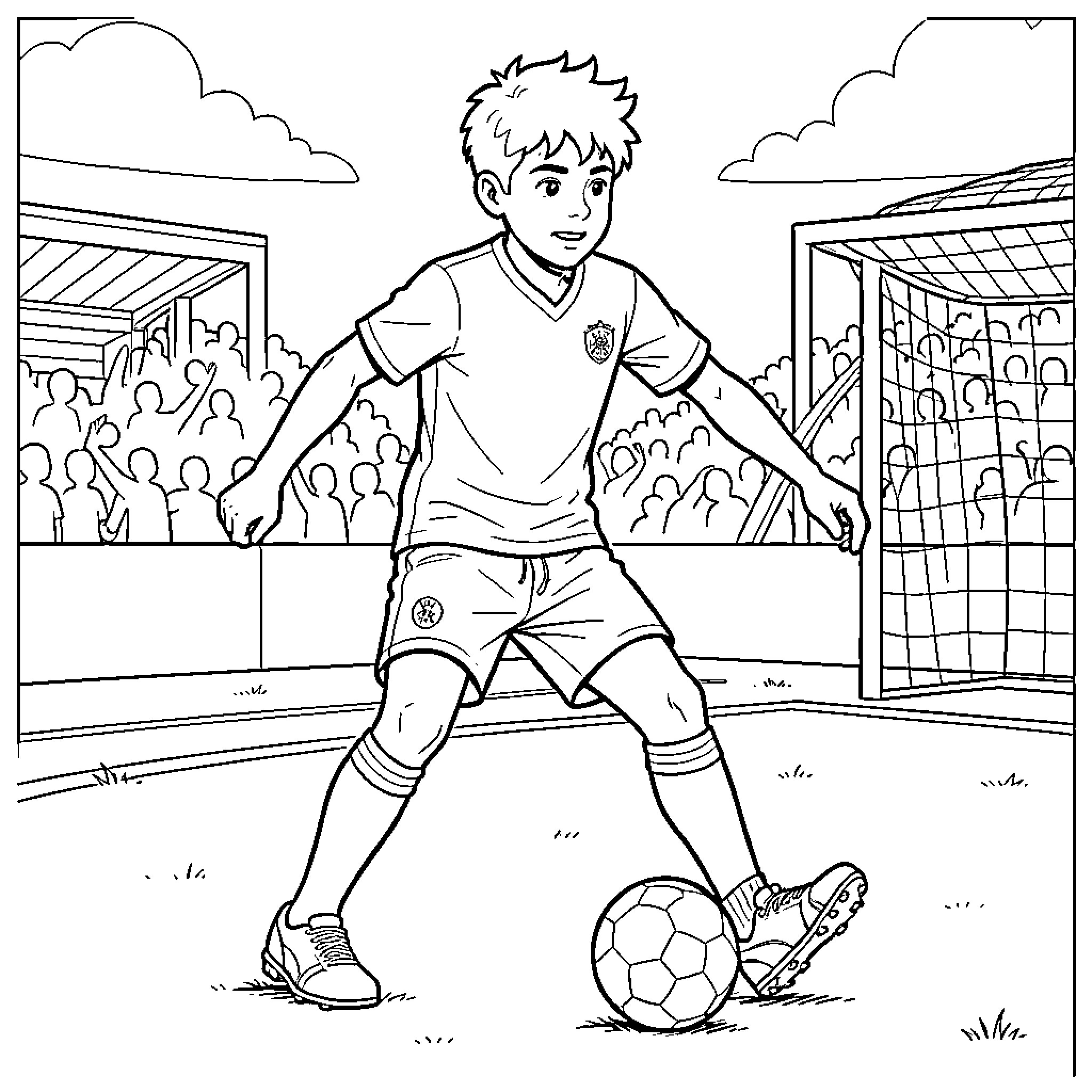 Lamine Yamal dribbling a soccer ball during a match Coloring Page (free black-and-white line drawing printable PDF for all, from beginners to advanced learners, including children, teens, adults, and seniors)