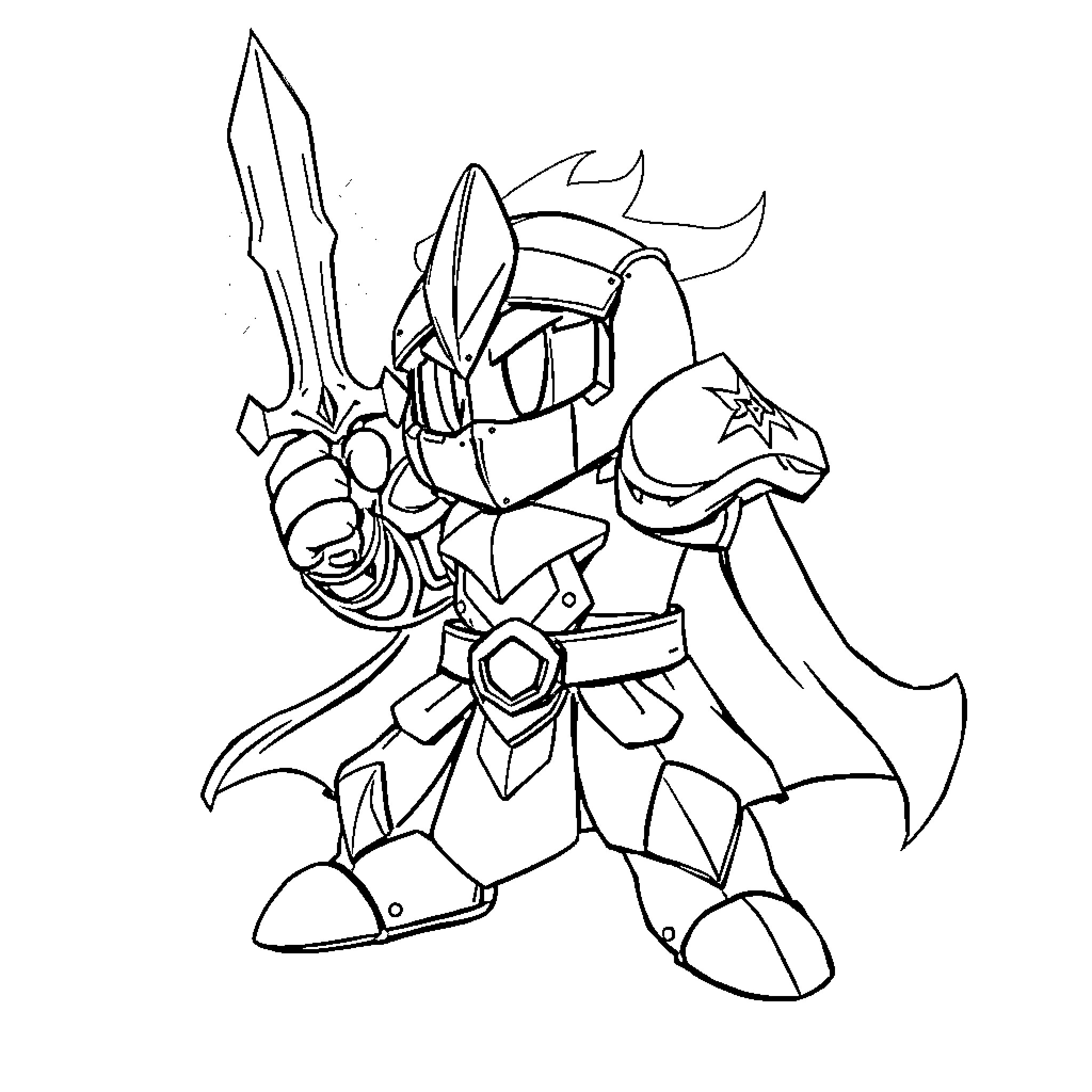 Morphoknight Wielding Sword and Shield in Action Coloring Page (free black-and-white line drawing printable PDF for all, from beginners to advanced learners, including children, teens, adults, and seniors)