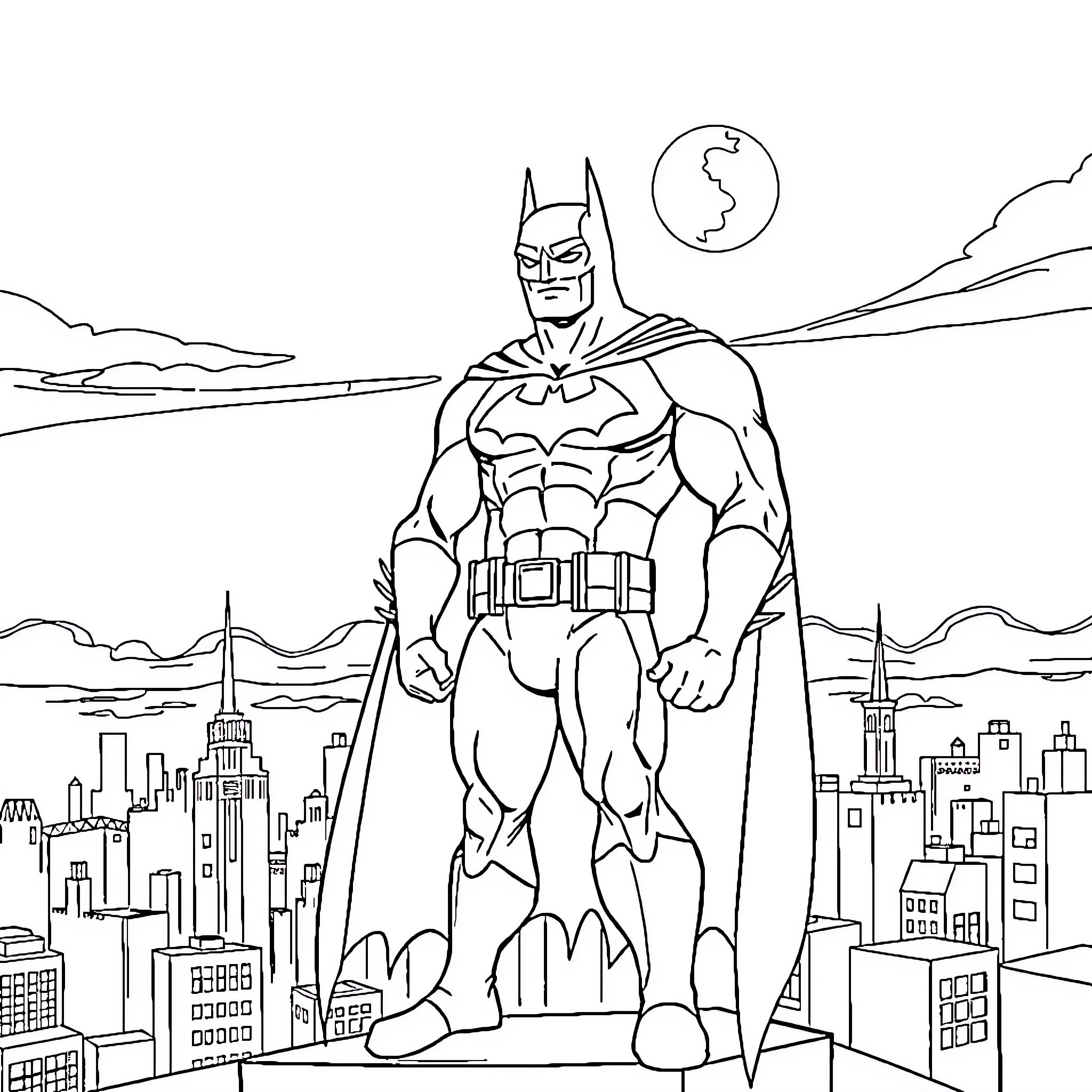 Batman overlooking the city skyline Coloring Page (free black-and-white line drawing printable PDF for all, from beginners to advanced learners, including children, teens, adults, and seniors)