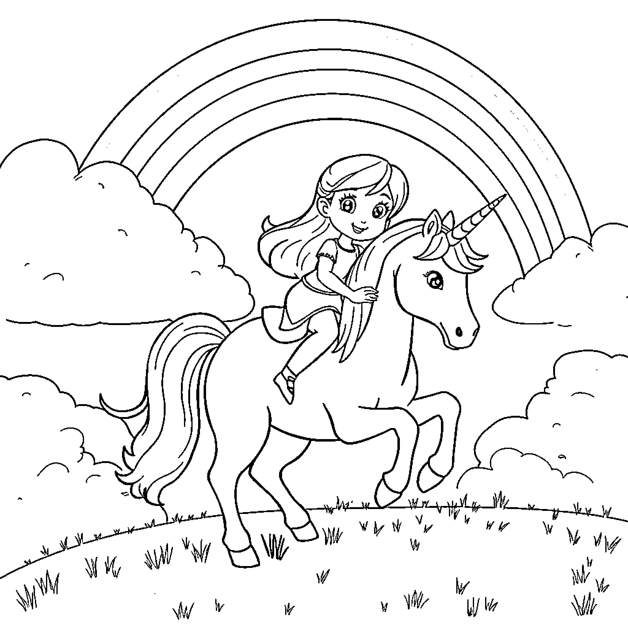 Unicorn riding through a magical meadow Coloring Page (free black-and-white line drawing printable PDF for all, from beginners to advanced learners, including children, teens, adults, and seniors)