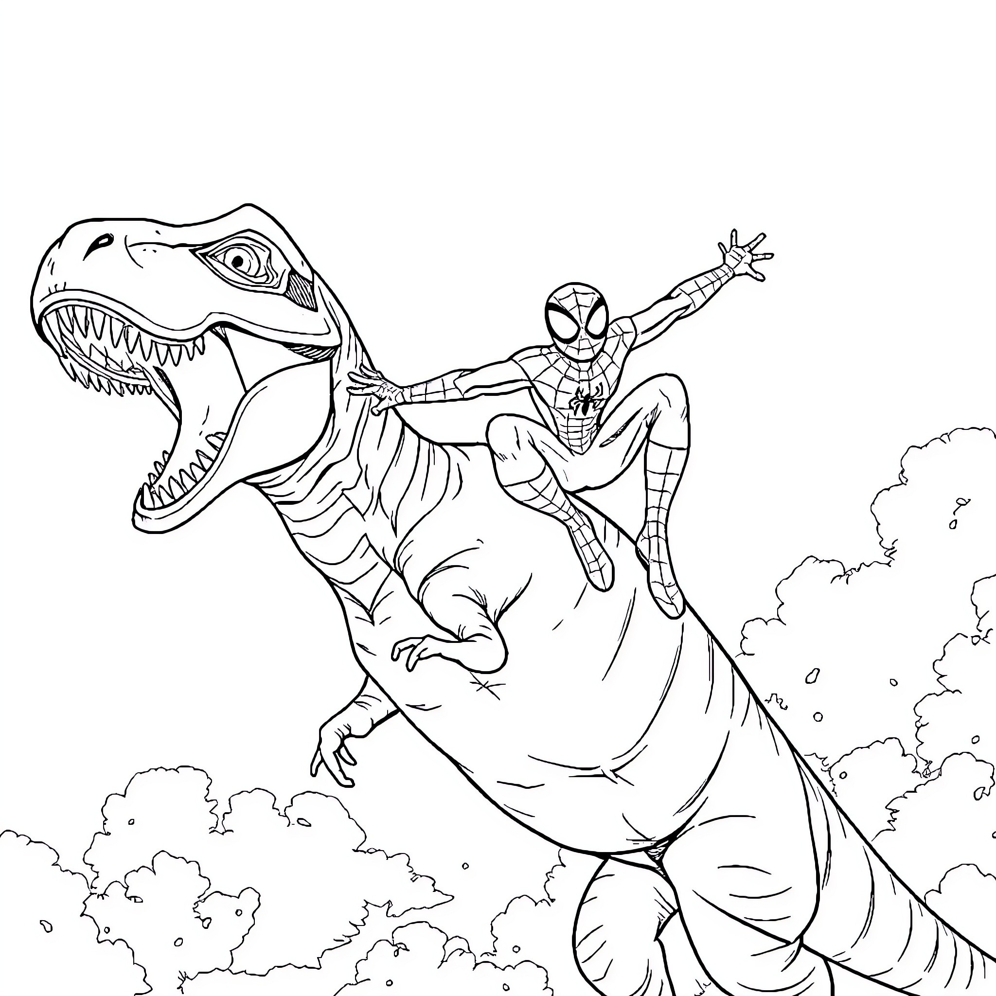 Spider-Man riding a ferocious dinosaur Coloring Page (free black-and-white line drawing printable PDF for all, from beginners to advanced learners, including children, teens, adults, and seniors)