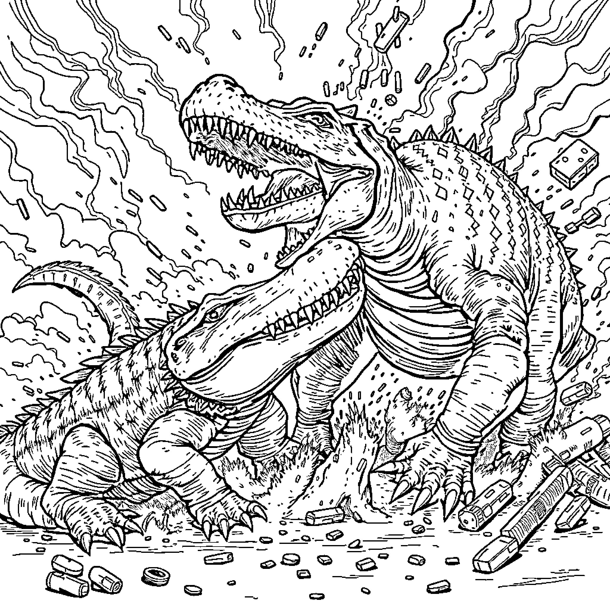 Crocodile fighting fiercely amidst flying debris and smoke Coloring Page (free black-and-white line drawing printable PDF for all, from beginners to advanced learners, including children, teens, adults, and seniors)