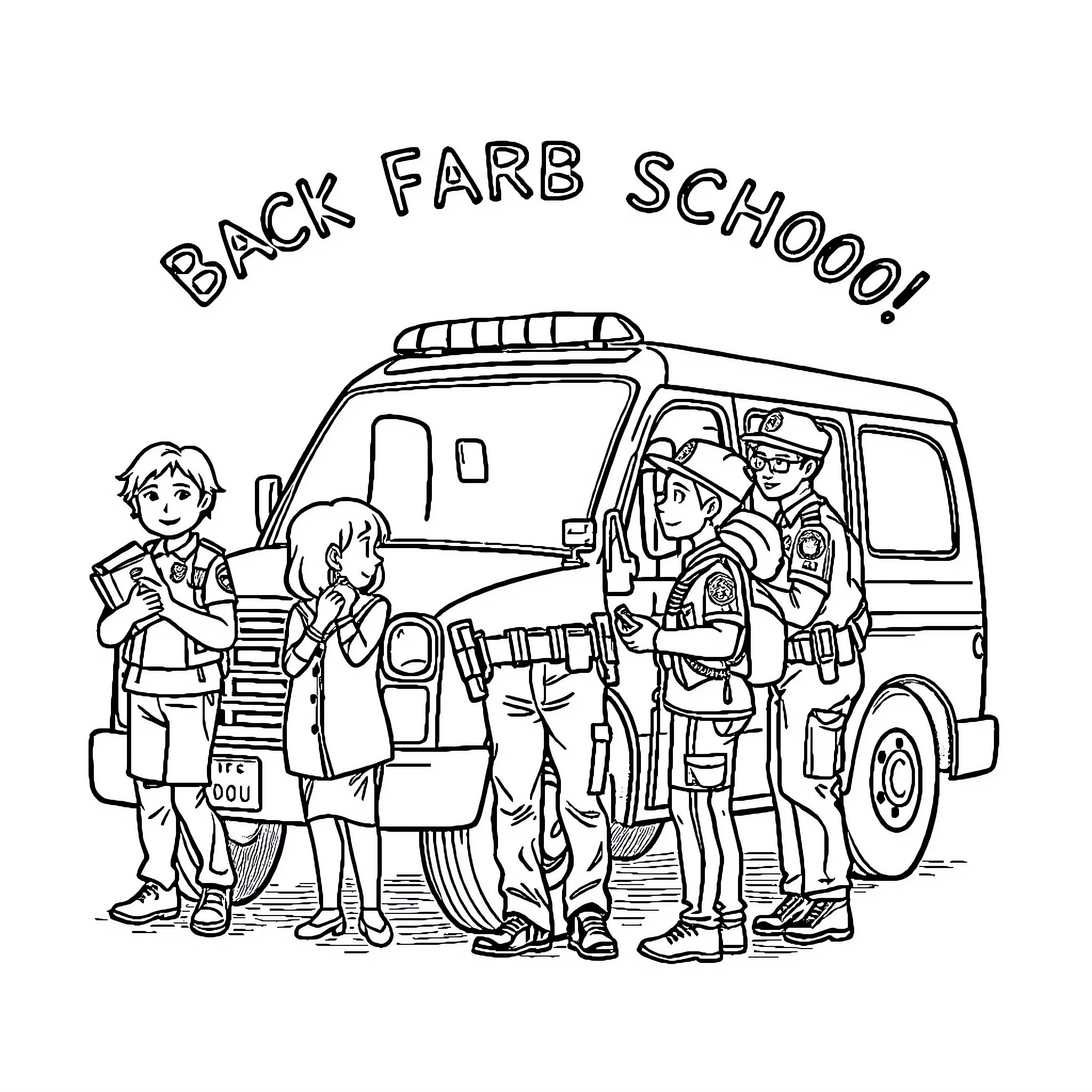 Police Assisting Students on Back to School Day Coloring Page (free black-and-white line drawing printable PDF for all, from beginners to advanced learners, including children, teens, adults, and seniors)