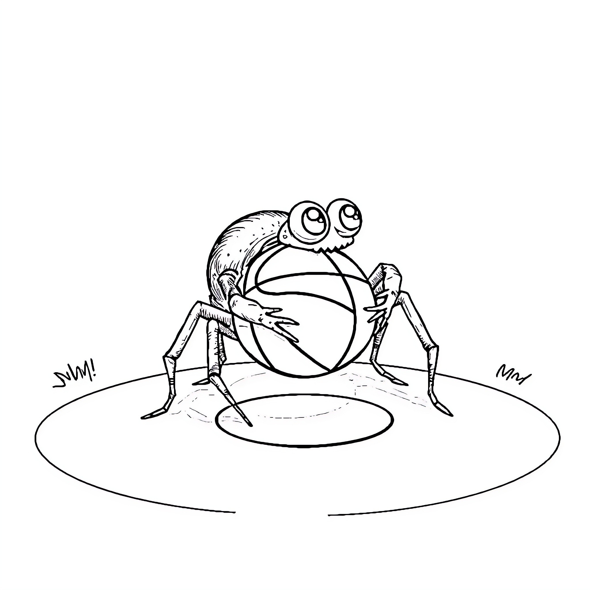 Spider perching playfully on basketball Coloring Page (free black-and-white line drawing printable PDF for all, from beginners to advanced learners, including children, teens, adults, and seniors)