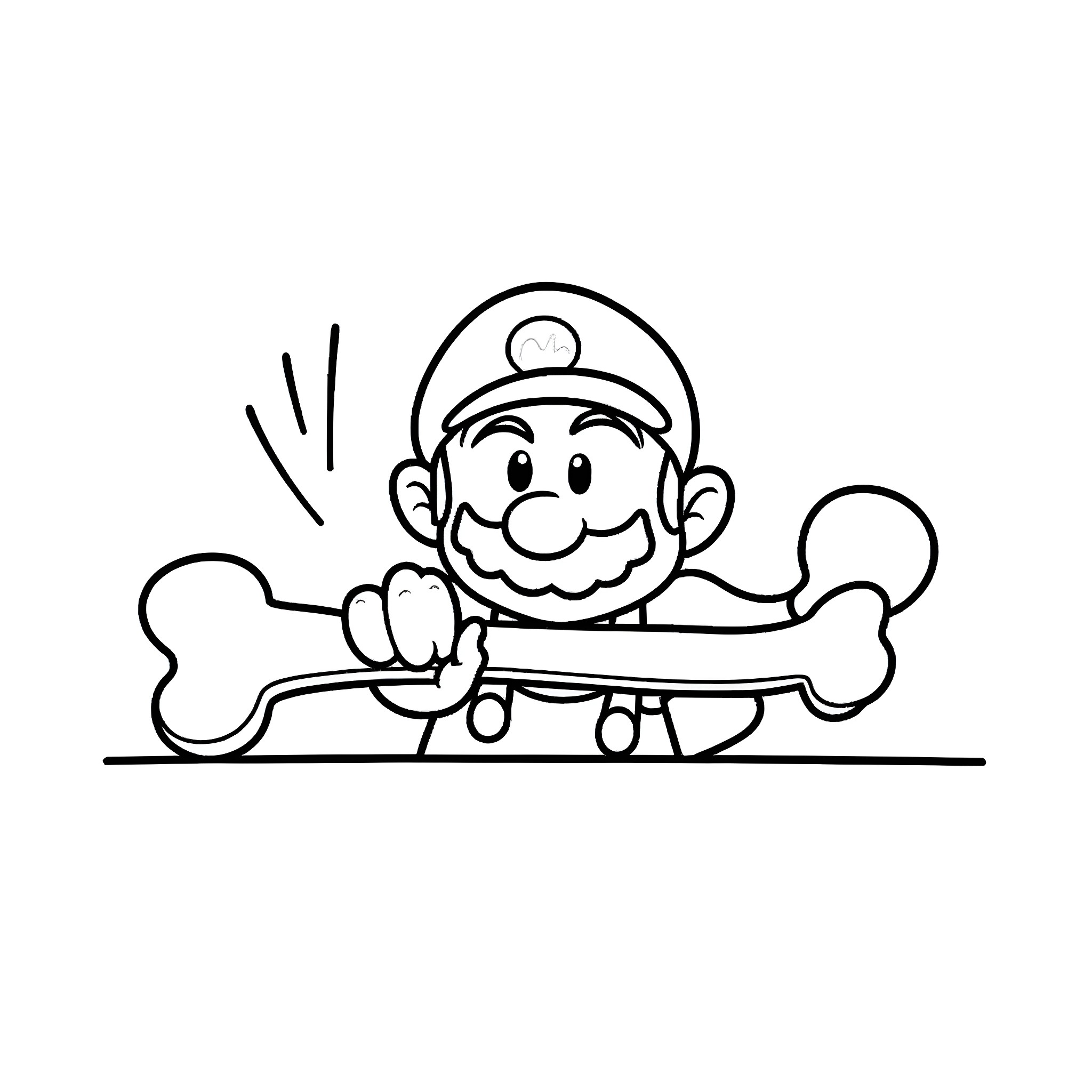 Mario holding a large bone happily Coloring Page (free black-and-white line drawing printable PDF for all, from beginners to advanced learners, including children, teens, adults, and seniors)