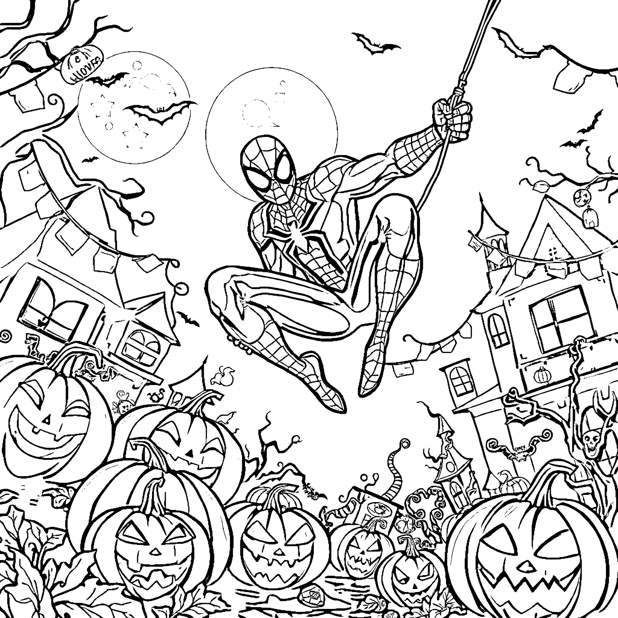 Spiderman swinging through a Halloween scene Coloring Page (free black-and-white line drawing printable PDF for all, from beginners to advanced learners, including children, teens, adults, and seniors)