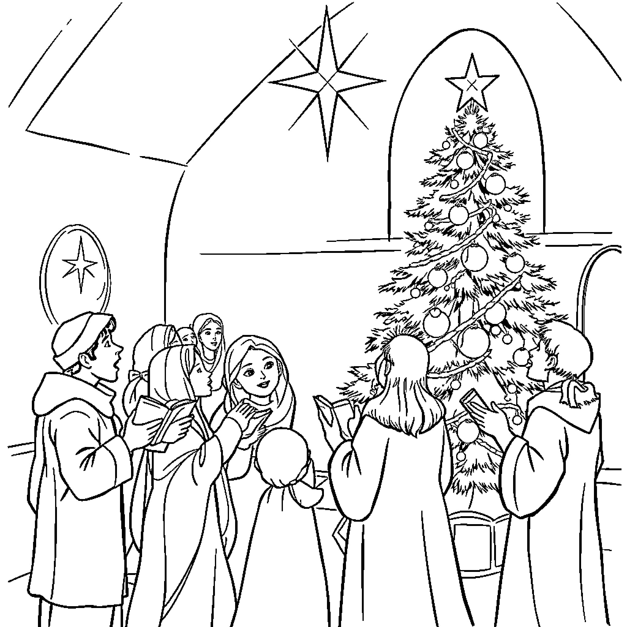 Christian family celebrating Christmas by the tree Coloring Page (free black-and-white line drawing printable PDF for all, from beginners to advanced learners, including children, teens, adults, and seniors)