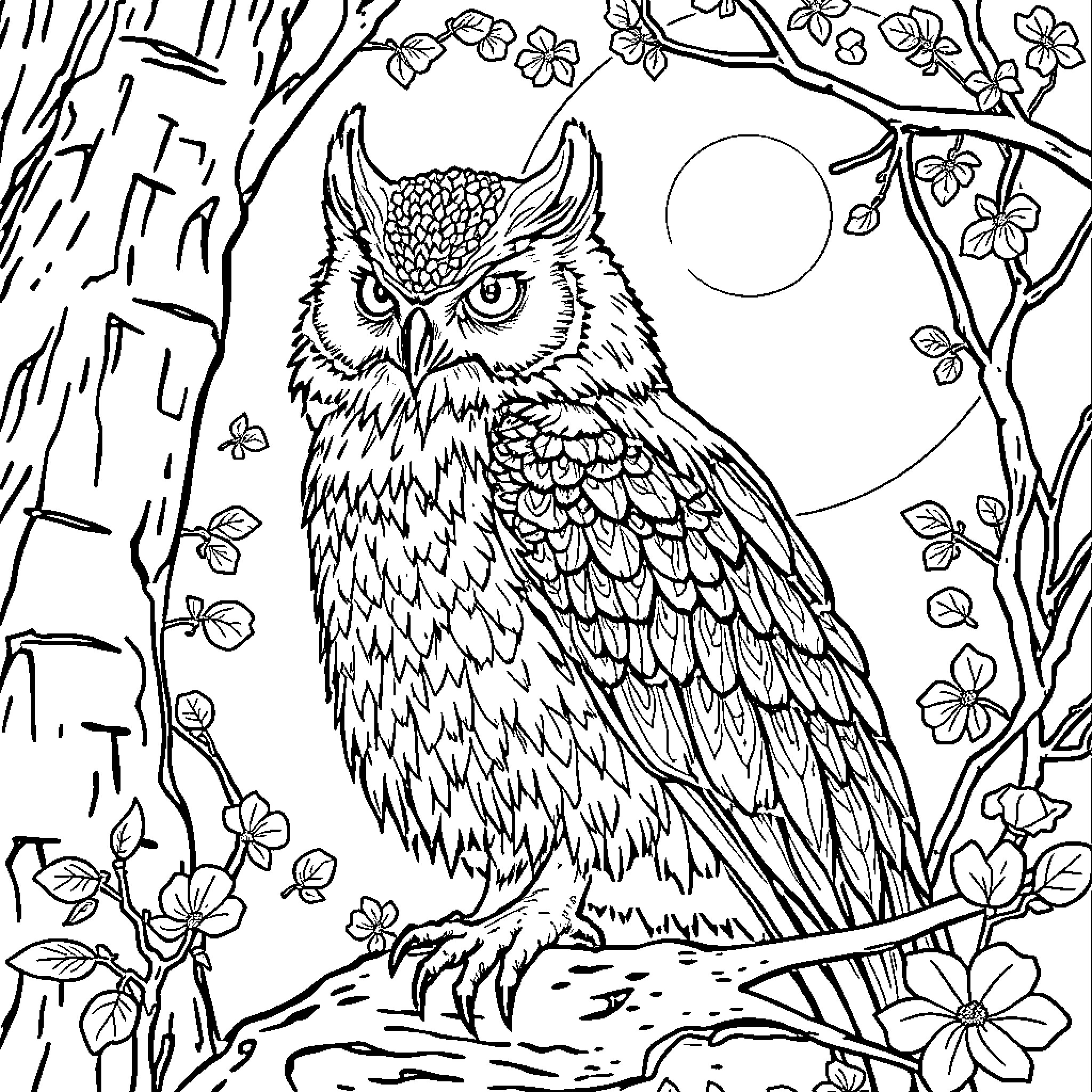 Vulpe's Enchanting Owl Amidst Blossoms Coloring Page (free black-and-white line drawing printable PDF for all, from beginners to advanced learners, including children, teens, adults, and seniors)