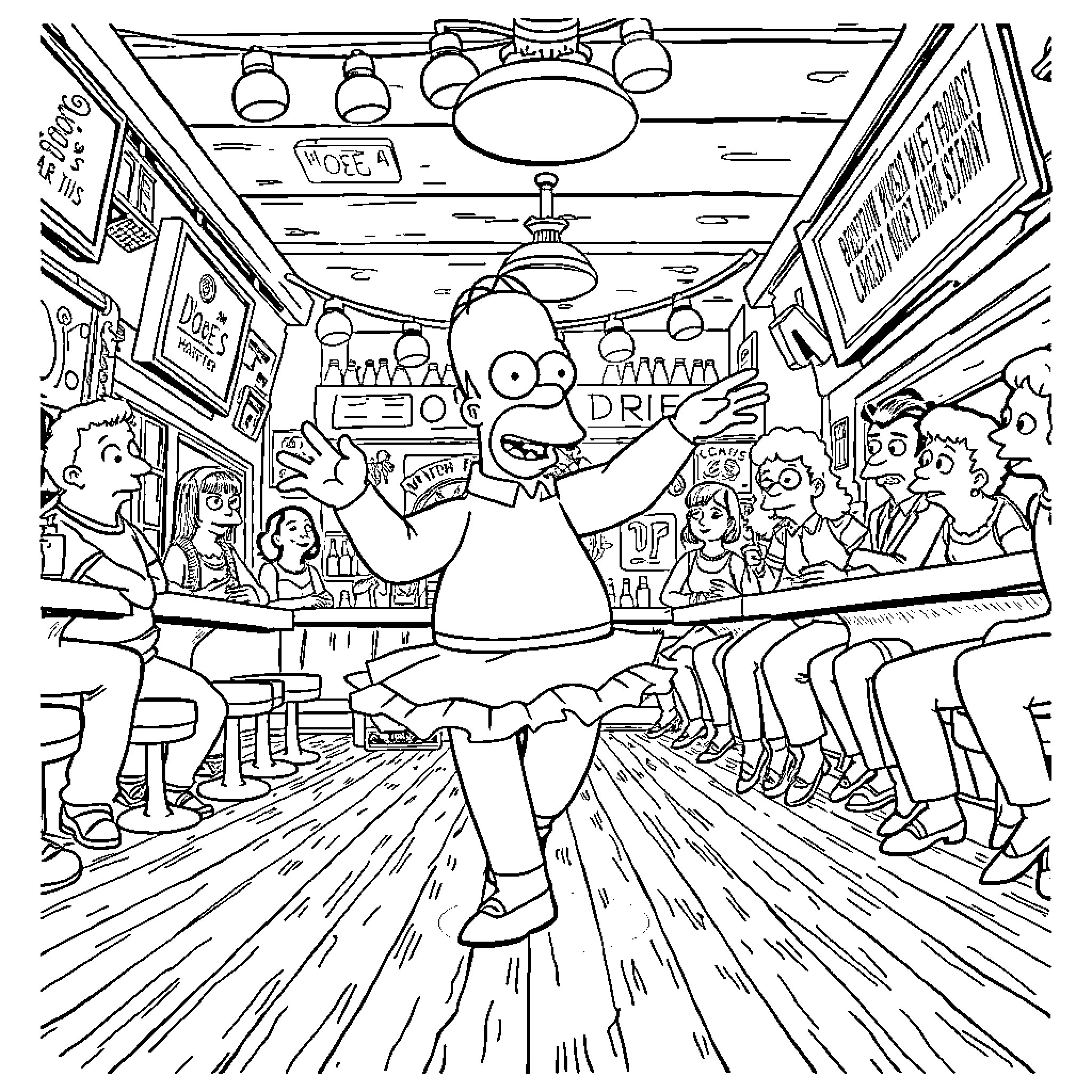Homer Simpson Enjoying Time at the Local Diner Coloring Page (free black-and-white line drawing printable PDF for all, from beginners to advanced learners, including children, teens, adults, and seniors)