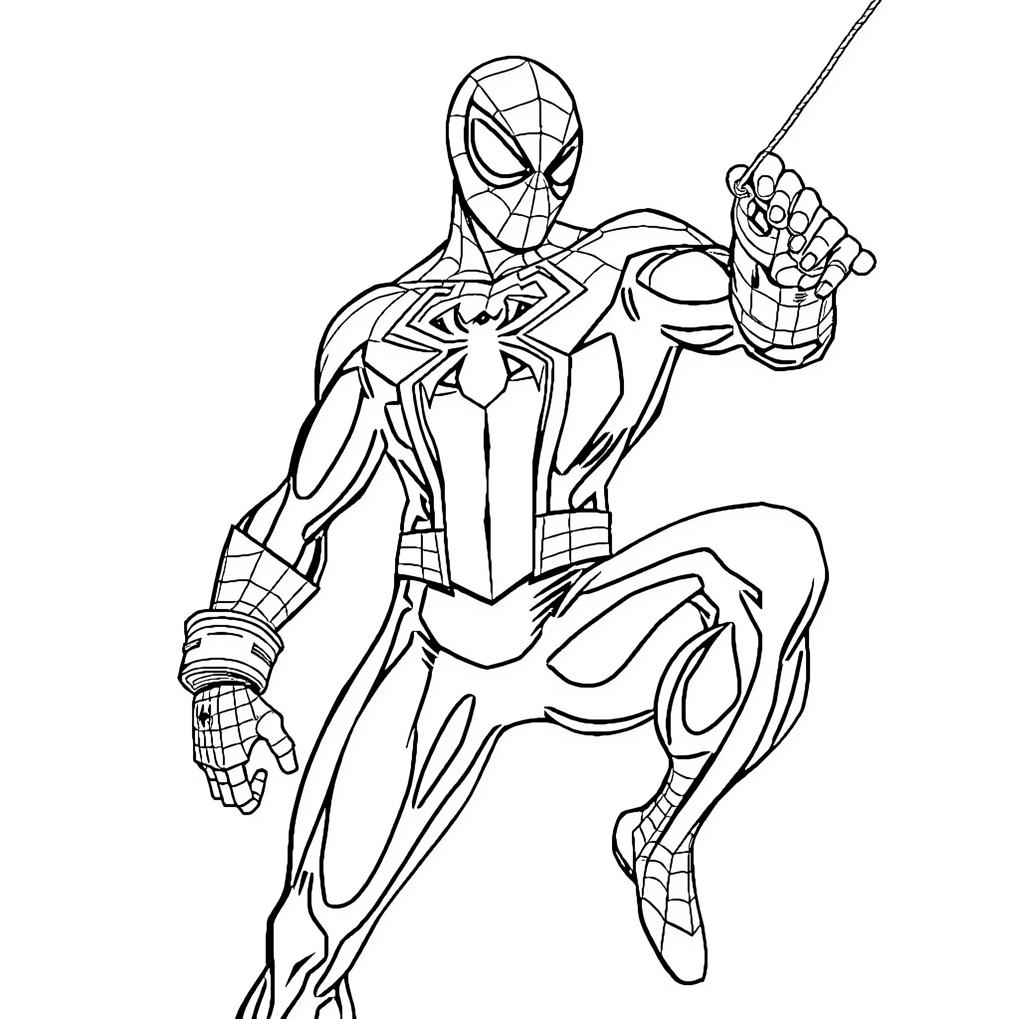 Spiderman in heroic action pose Coloring Page (free black-and-white line drawing printable PDF for all, from beginners to advanced learners, including children, teens, adults, and seniors)