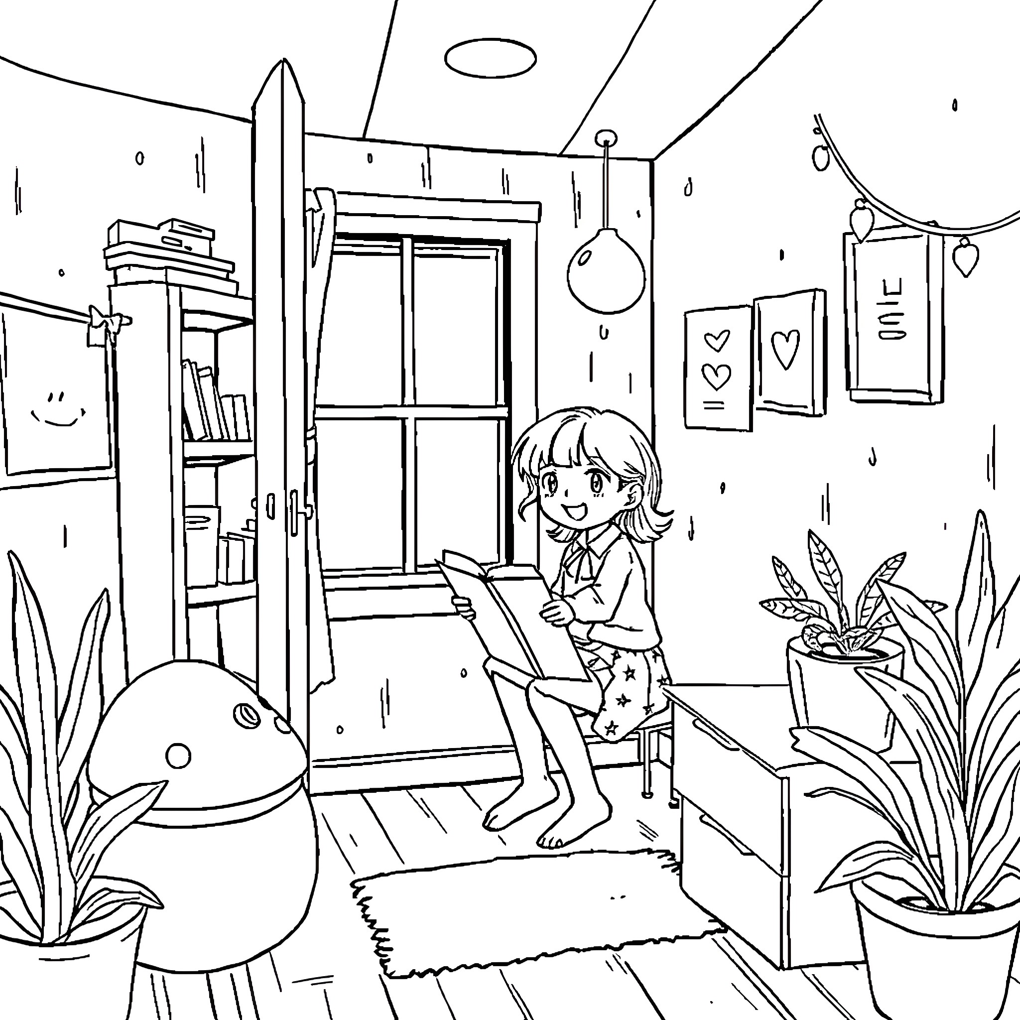 Girl reading a book in a cozy room Coloring Page (free black-and-white line drawing printable PDF for all, from beginners to advanced learners, including children, teens, adults, and seniors)