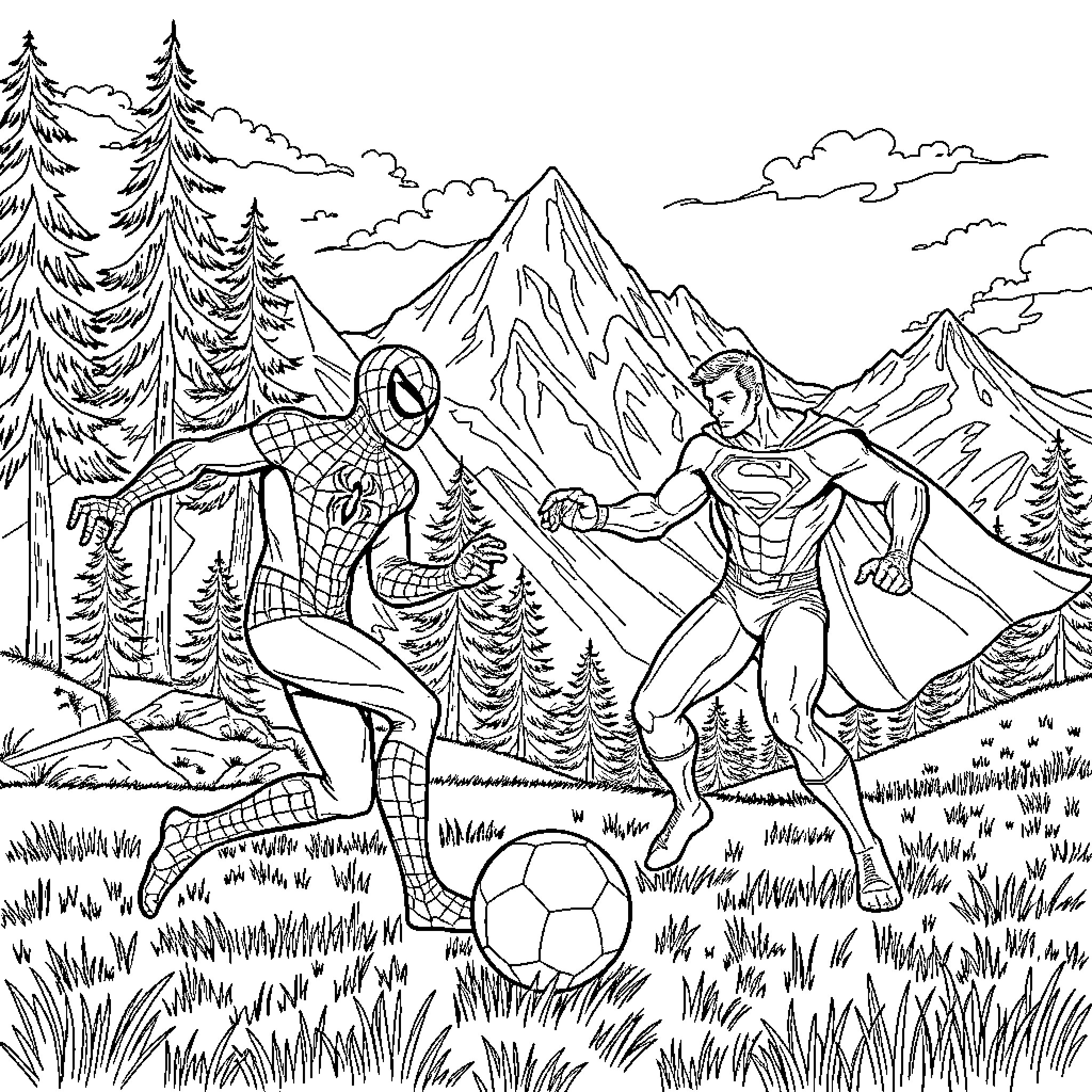 Spider-Man and Superman playing soccer in the mountains Coloring Page (free black-and-white line drawing printable PDF for all, from beginners to advanced learners, including children, teens, adults, and seniors)