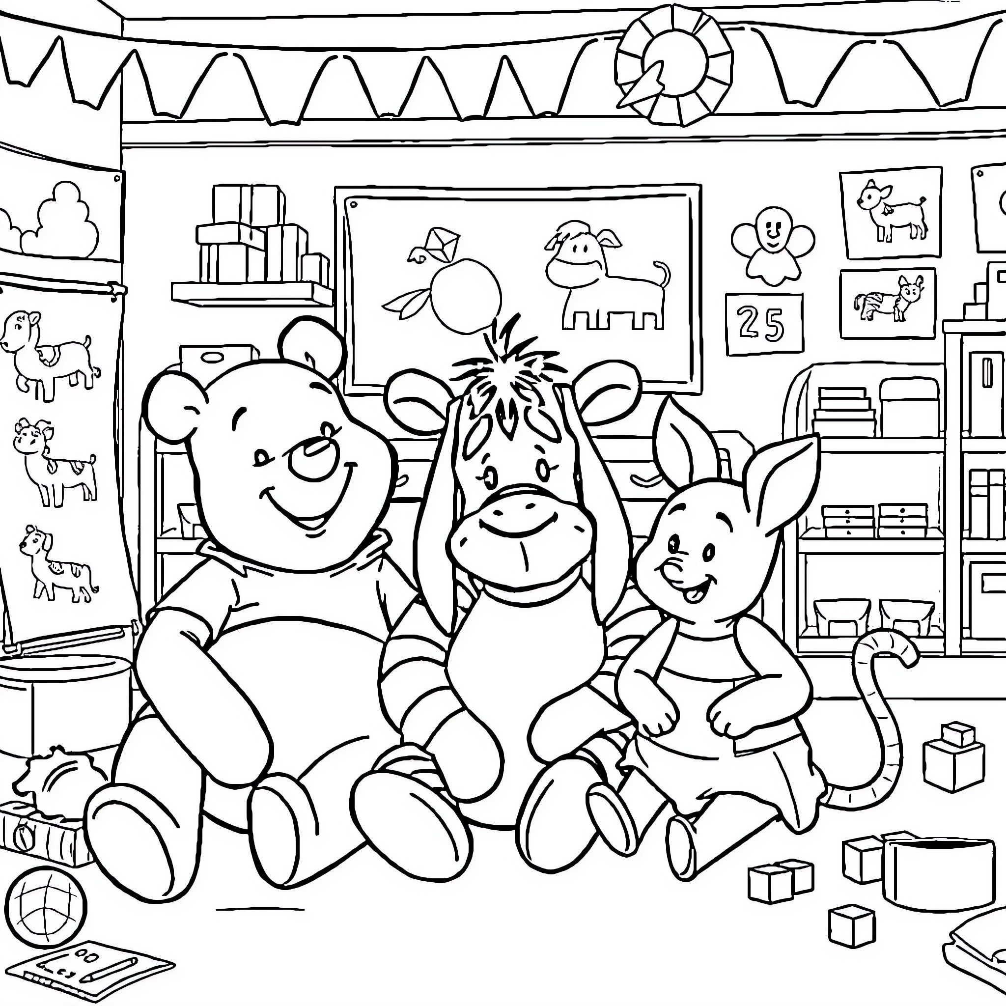 Winnie The Pooh and Friends in Playful Classroom Coloring Page (free black-and-white line drawing printable PDF for all, from beginners to advanced learners, including children, teens, adults, and seniors)