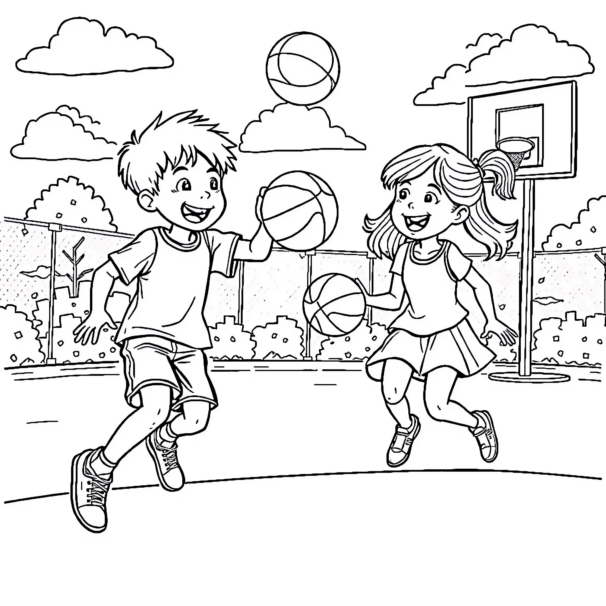 Boy and Girl Playing Basketball on Court Coloring Page (free black-and-white line drawing printable PDF for all, from beginners to advanced learners, including children, teens, adults, and seniors)