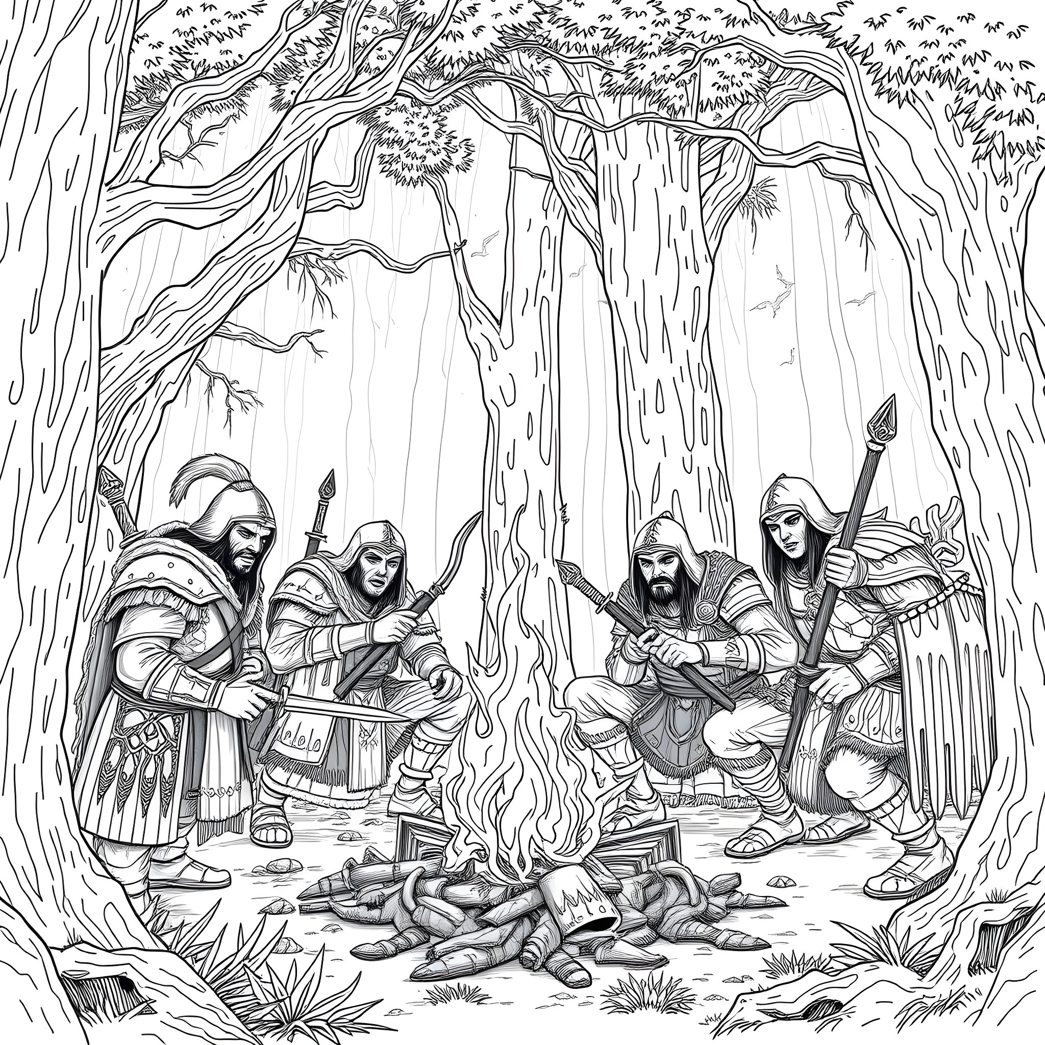 Warrior Encampment in the Enchanted Forest Coloring Page (free black-and-white line drawing printable PDF for all, from beginners to advanced learners, including children, teens, adults, and seniors)