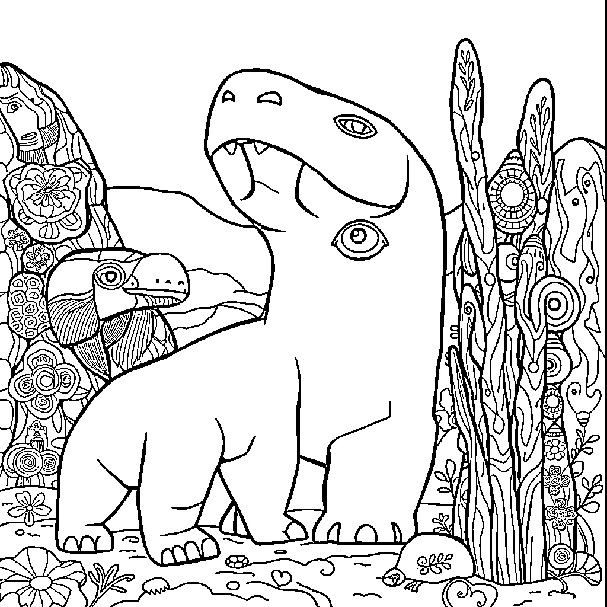 Inuit Art Depicting Dinosaurs in Intricate Landscape Coloring Page (free black-and-white line drawing printable PDF for all, from beginners to advanced learners, including children, teens, adults, and seniors)