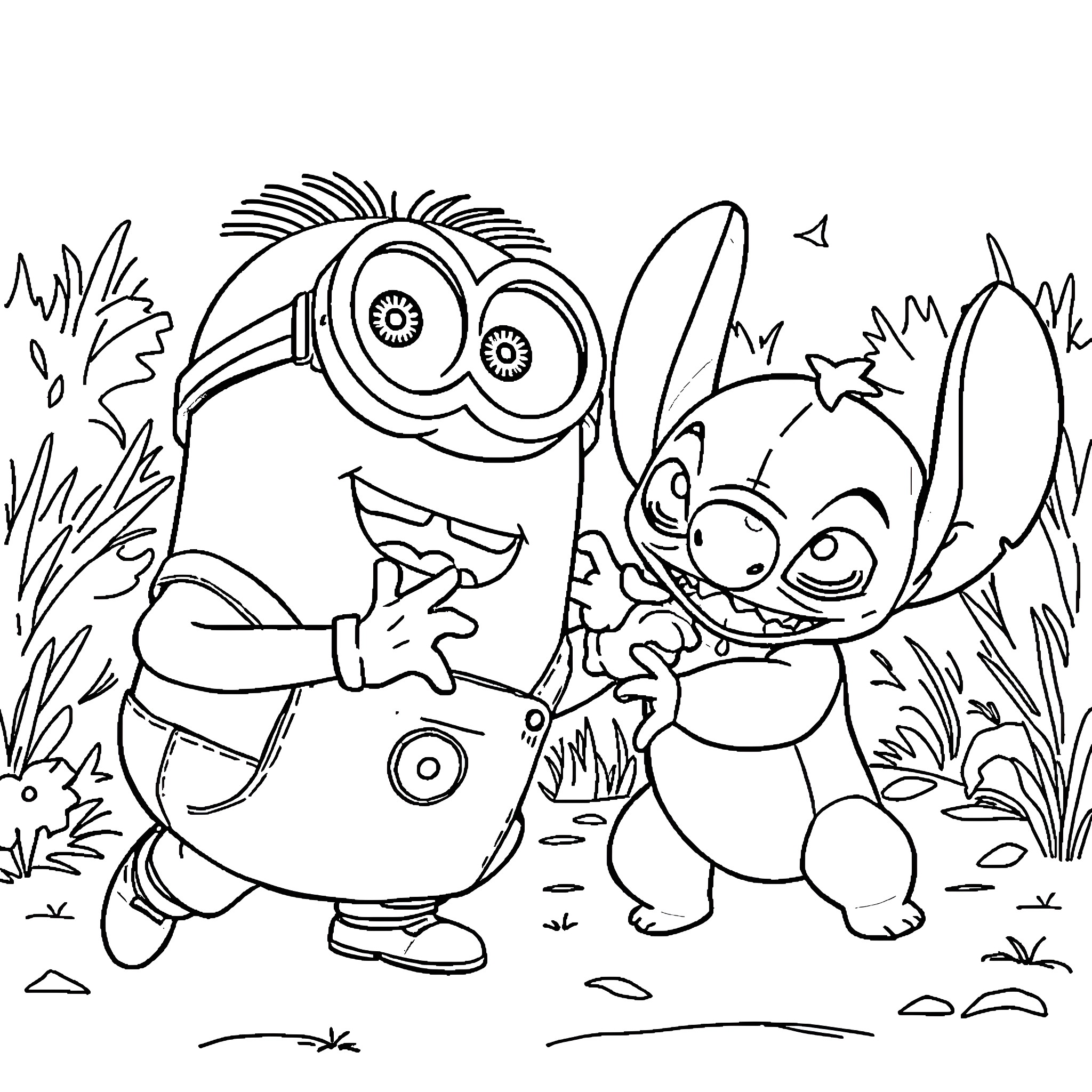 Minion and Stitch playing happily in the grass Coloring Page (free black-and-white line drawing printable PDF for all, from beginners to advanced learners, including children, teens, adults, and seniors)