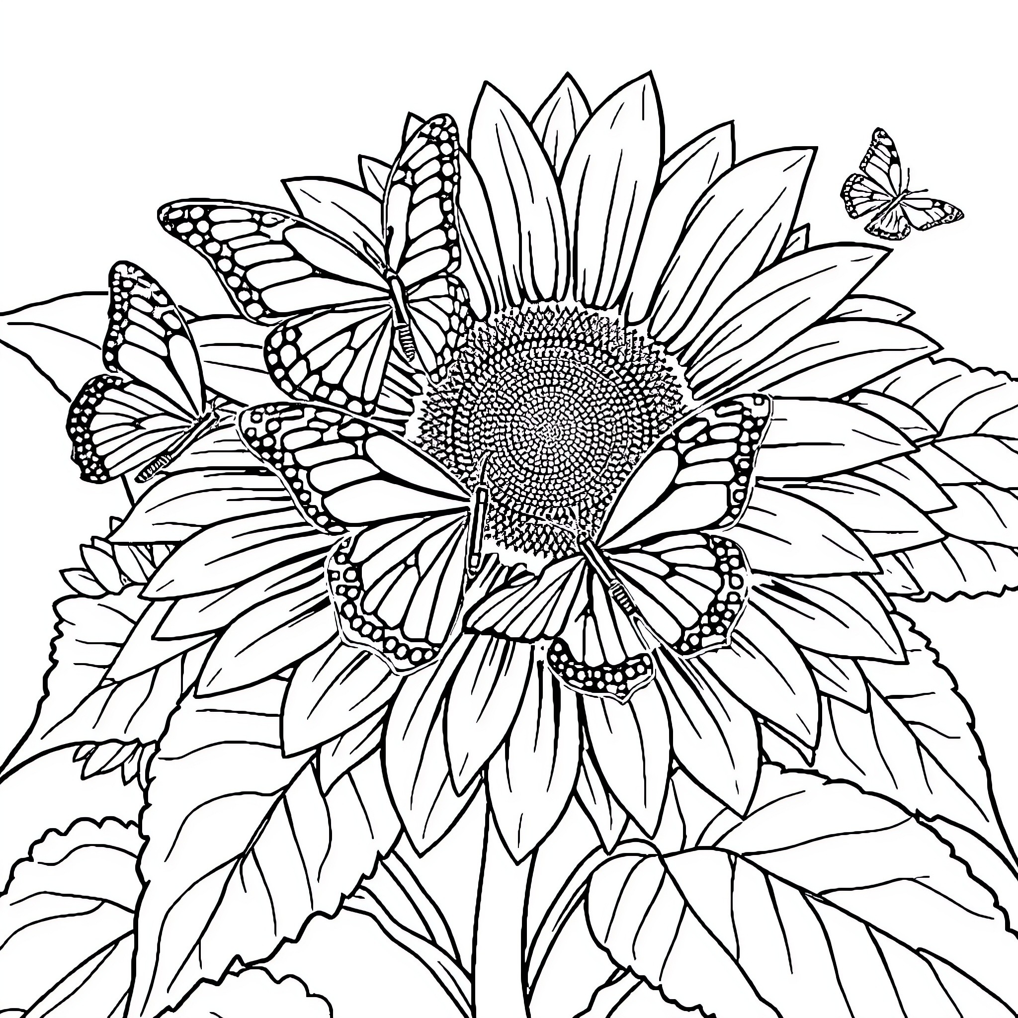 Butterfly Surrounded by Vibrant Sunflowers Coloring Page (free black-and-white line drawing printable PDF for all, from beginners to advanced learners, including children, teens, adults, and seniors)