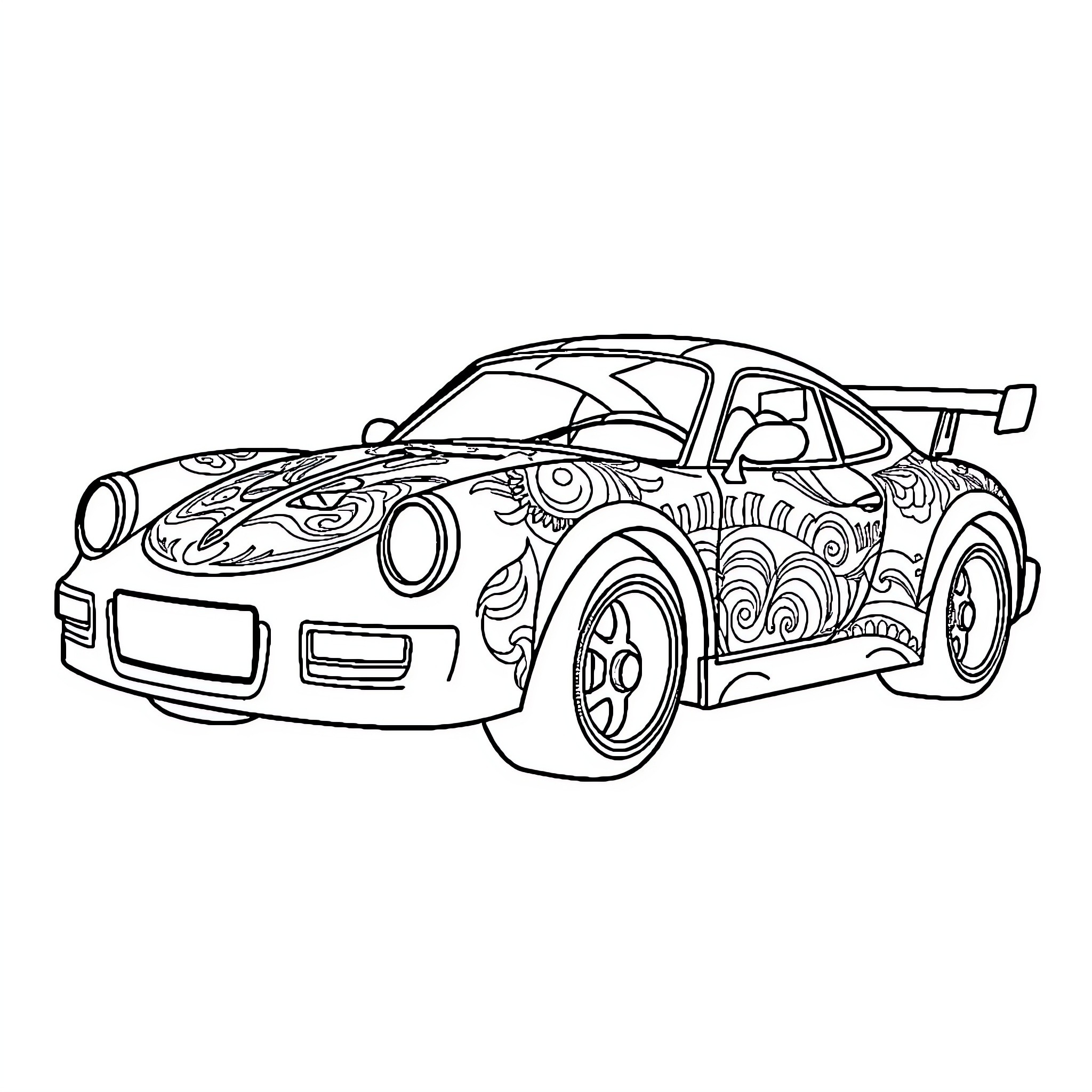 Car with decorative patterns and spoiler Coloring Page (free black-and-white line drawing printable PDF for all, from beginners to advanced learners, including children, teens, adults, and seniors)