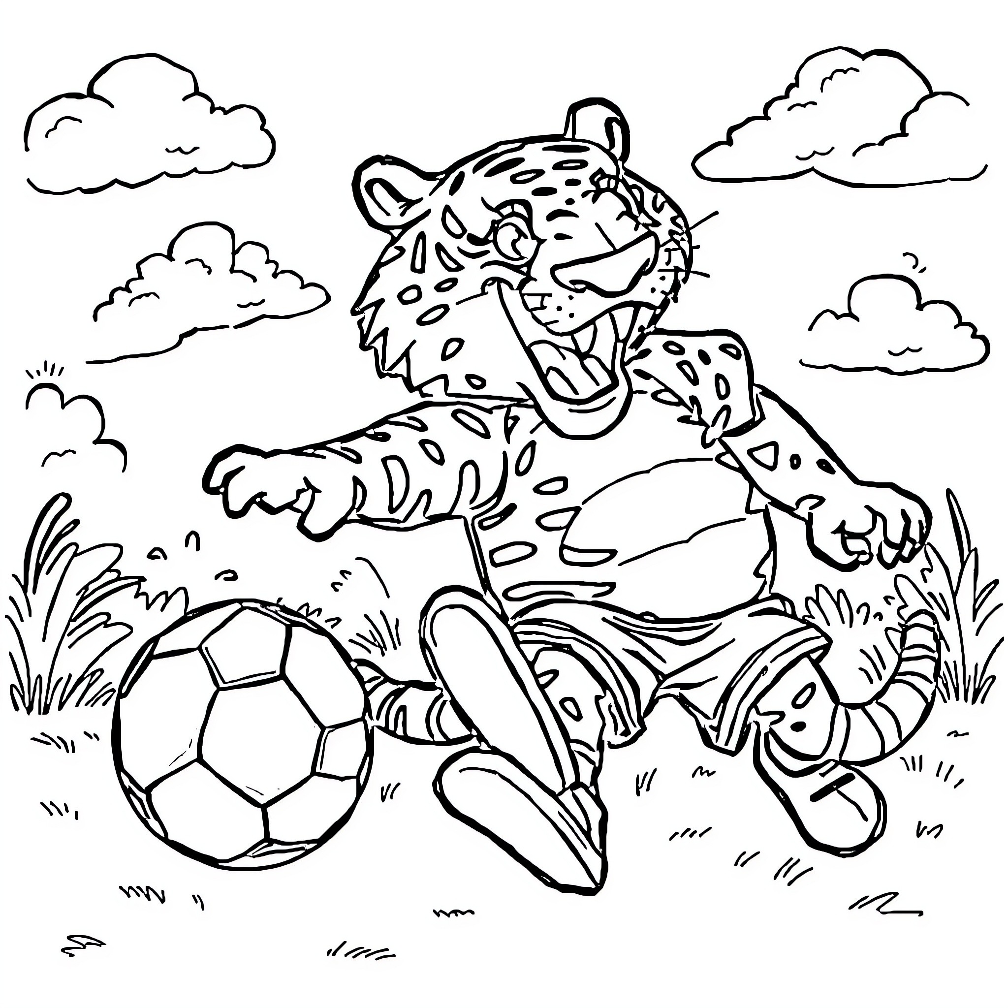 Tiburon playing with soccer ball in the field Coloring Page (free black-and-white line drawing printable PDF for all, from beginners to advanced learners, including children, teens, adults, and seniors)
