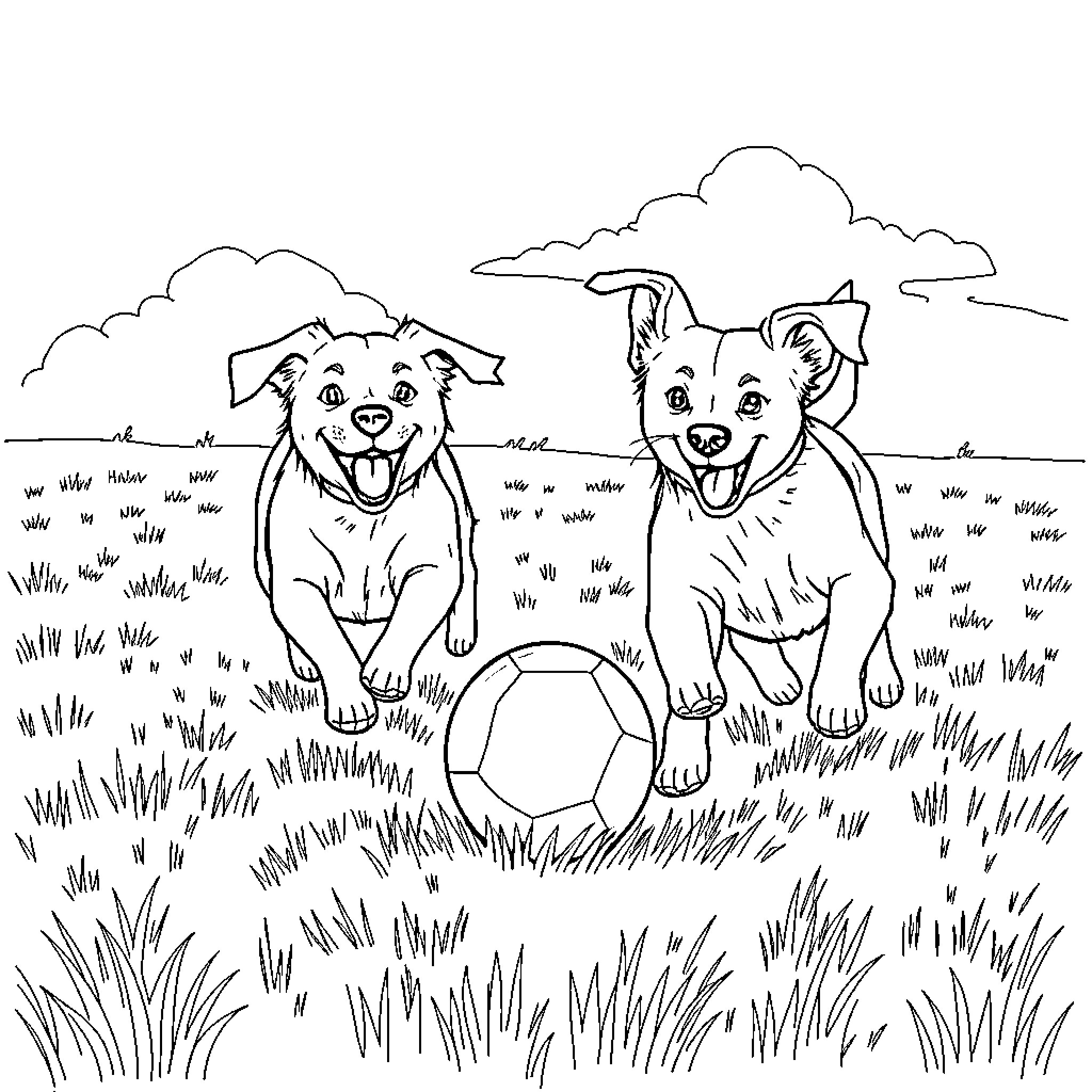 Dogs playing joyfully with a ball in the meadow Coloring Page (free black-and-white line drawing printable PDF for all, from beginners to advanced learners, including children, teens, adults, and seniors)